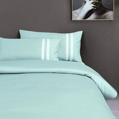 Malako Luxe 550TC 100% Cotton Mint Green King Size Plain Bedsheet with 2 Striped Pillow Cases - MALAKO