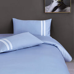 Malako Luxe 550TC 100% Cotton Pigeon Blue King Size Plain Bedsheet with 2 Striped Pillow Cases - MALAKO