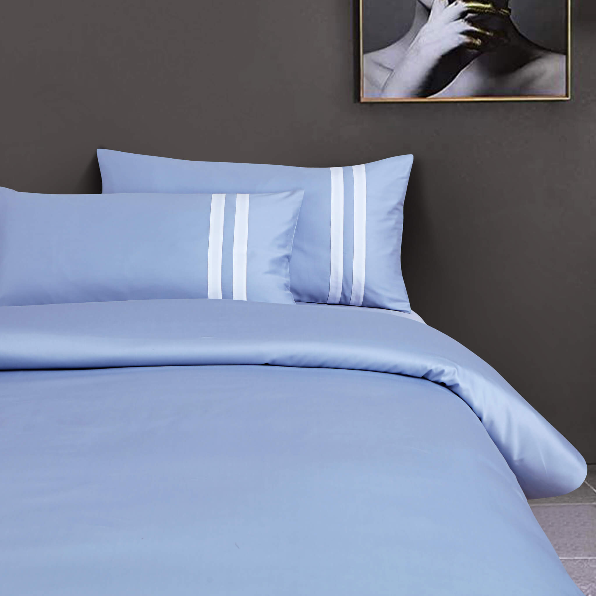 Malako Luxe 550TC 100% Cotton Pigeon Blue King Size Plain Bedsheet with 2 Striped Pillow Cases - MALAKO