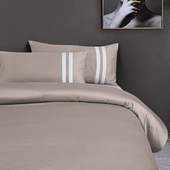 Malako Luxe 550TC 100% Cotton Taupe Brown King Size Plain Bedsheet with 2 Striped Pillow Cases - MALAKO