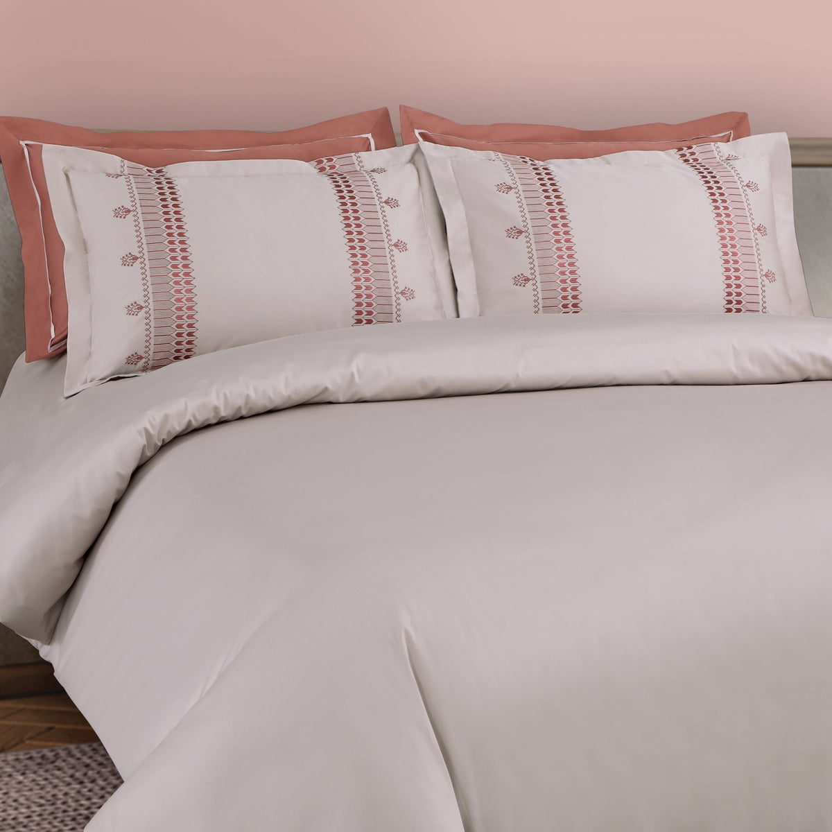 Malako Luxe Collection: 550 TC Almond Beige & Cedar Premium Embroidered Bedding - MALAKO