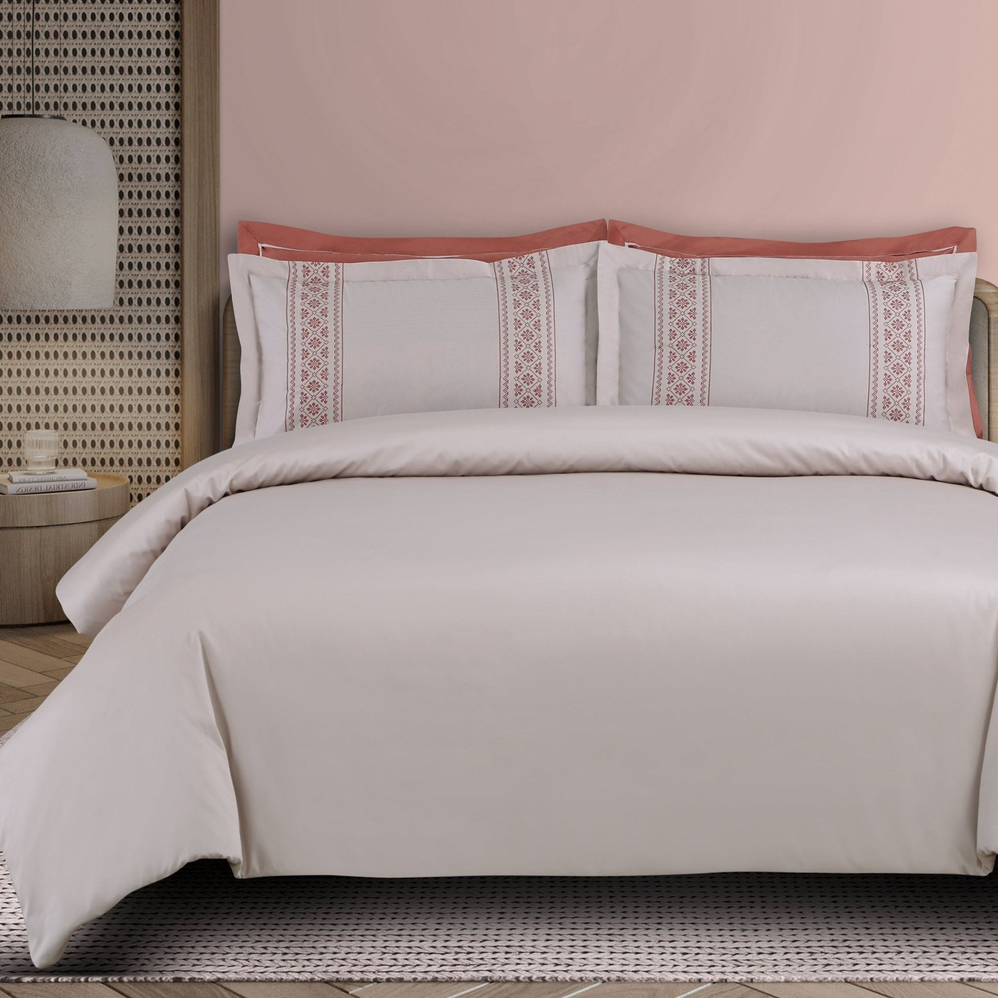 Malako Luxe Collection: 550 TC Almond Beige & Cedar Premium Embroidered Bedding - MALAKO