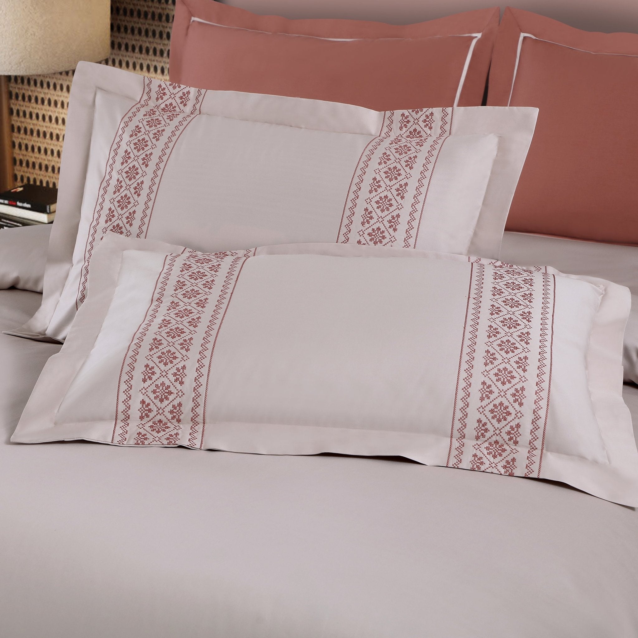 Malako Luxe Collection: 550 TC Almond Beige & Cedar Premium Embroidered Bedding - MALAKO