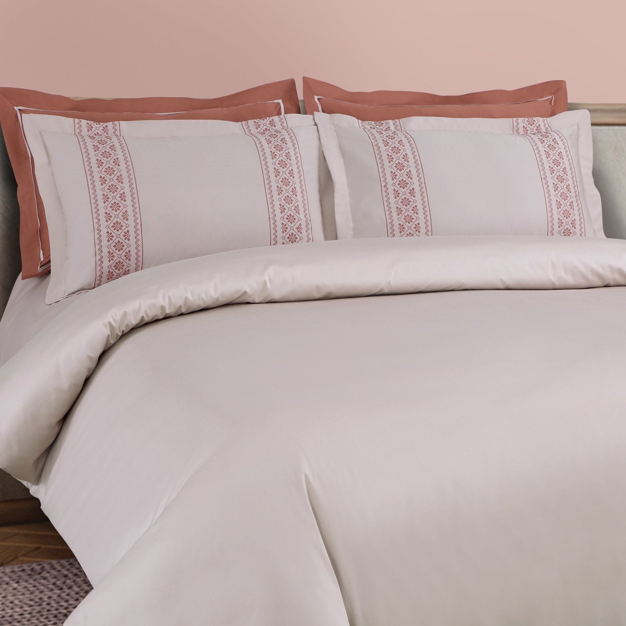 Malako Luxe Collection: 550 TC Almond Beige & Cedar Premium Embroidered Bedding - MALAKO