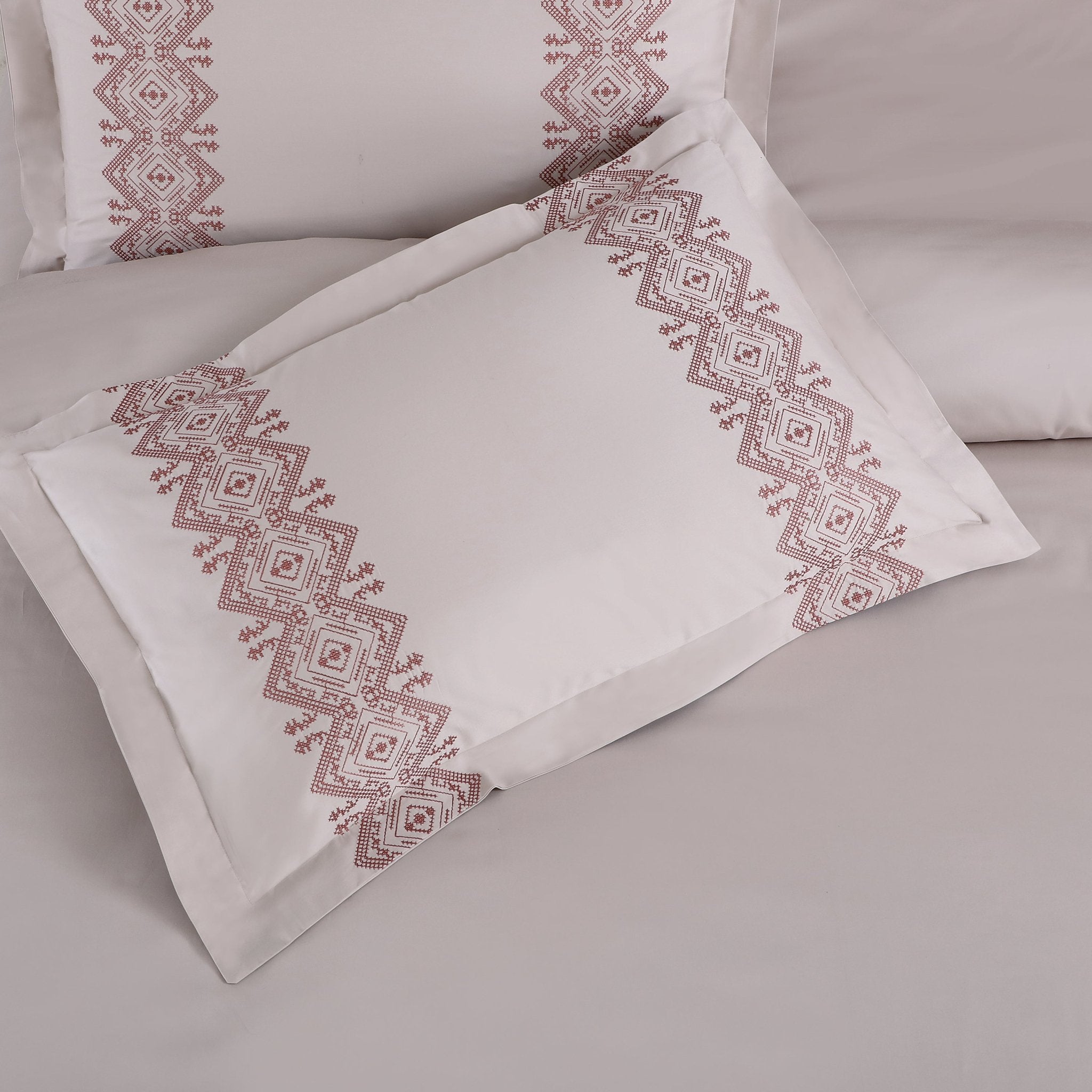 Malako Luxe Collection: 550 TC Almond Beige & Cedar Premium Embroidered Bedding - MALAKO