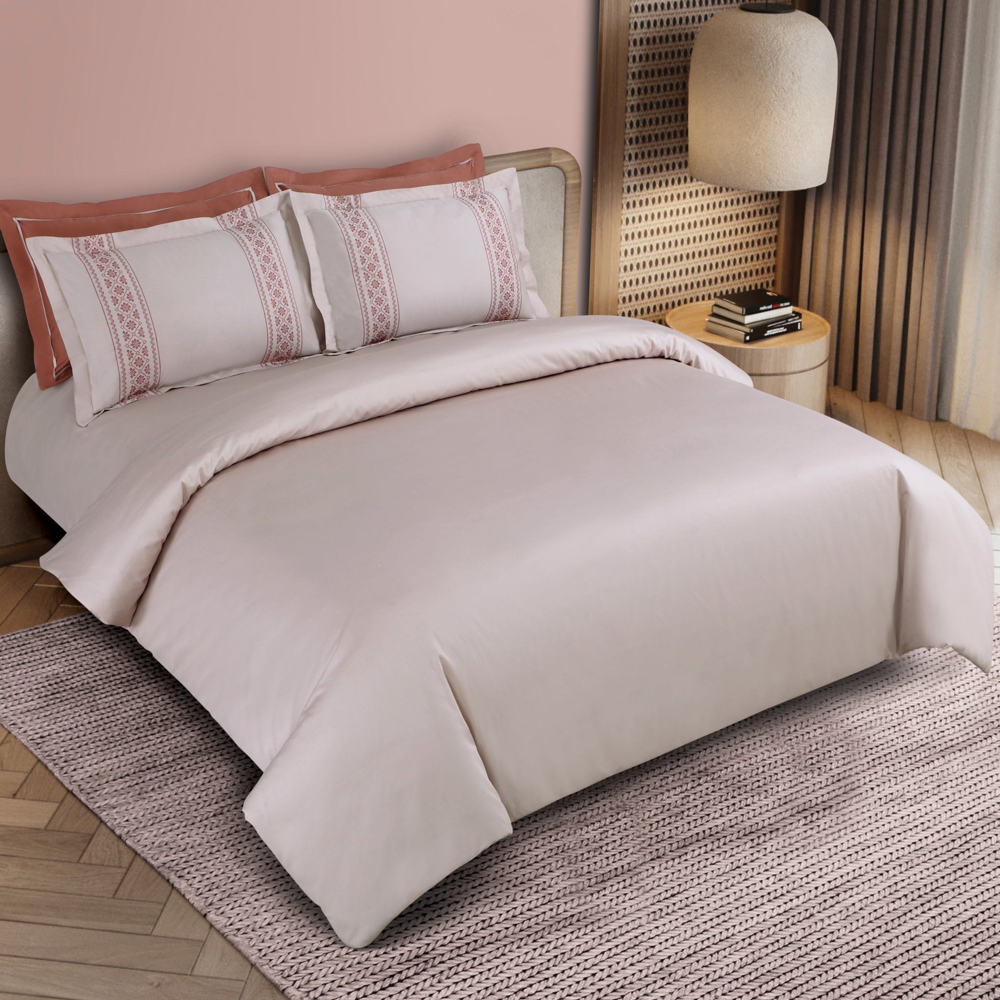 Malako Luxe Collection: 550 TC Almond Beige & Cedar Premium Embroidered Bedding - MALAKO