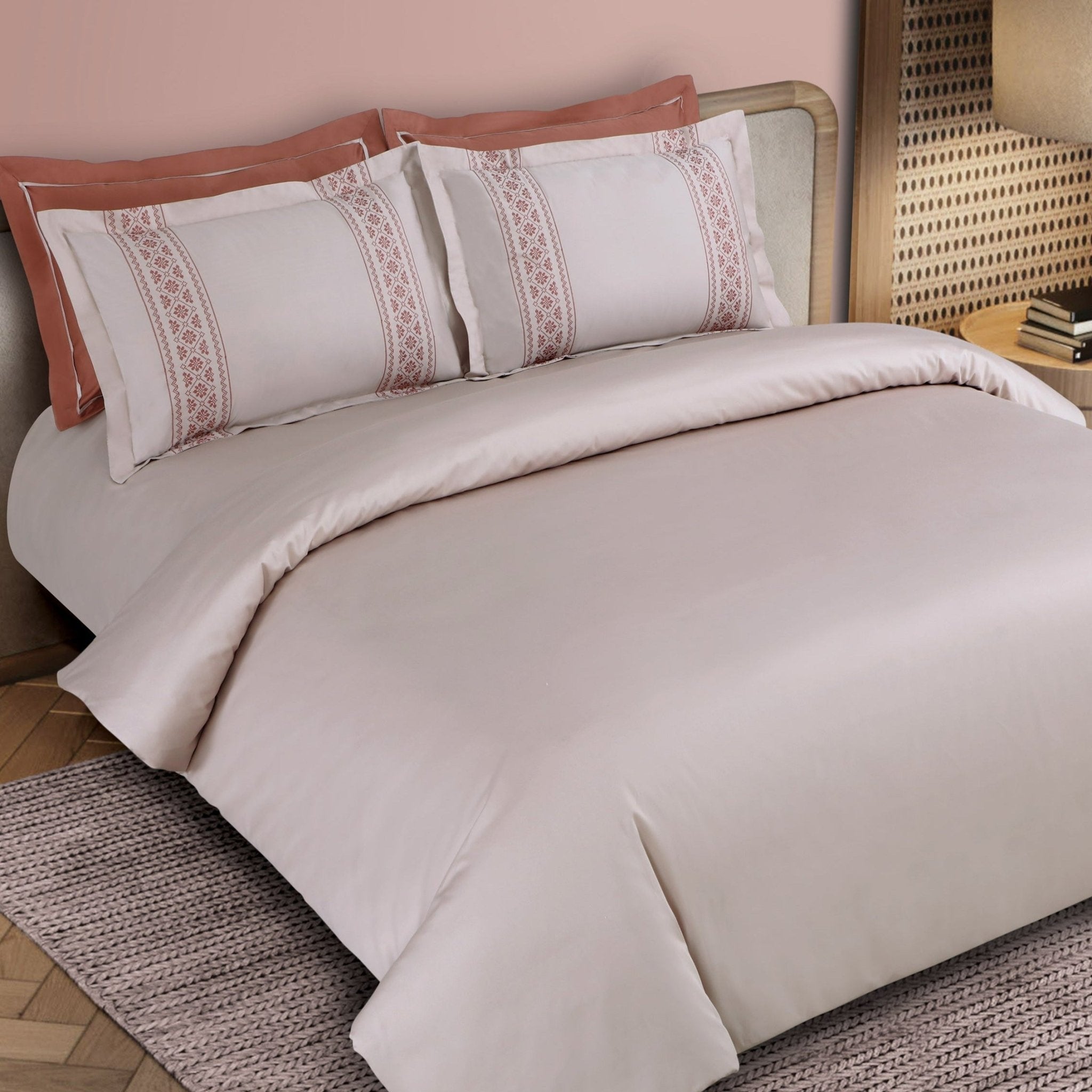 Malako Luxe Collection: 550 TC Almond Beige & Cedar Premium Embroidered Bedding - MALAKO