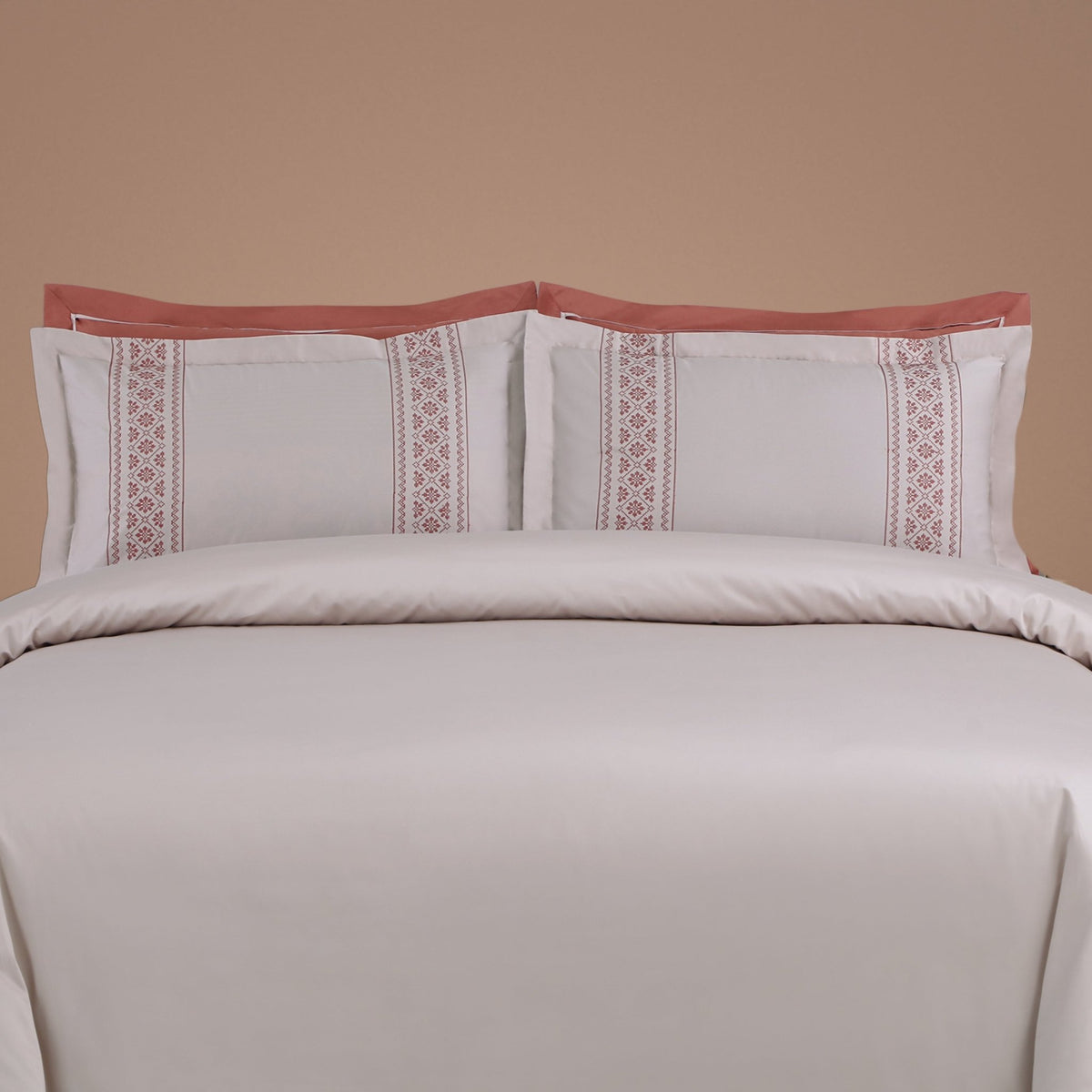 Malako Luxe Collection: 550 TC Almond Beige & Cedar Premium Embroidered Bedding - MALAKO