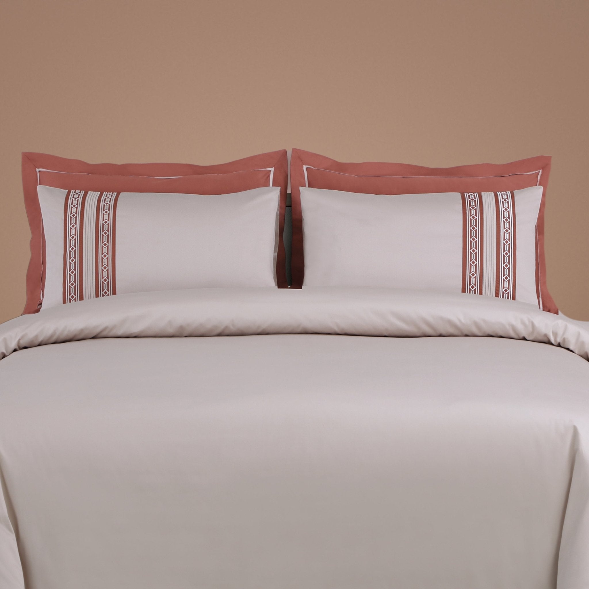 Malako Luxe Collection: 550 TC Almond Beige & Cedar Premium Embroidered Bedding - MALAKO