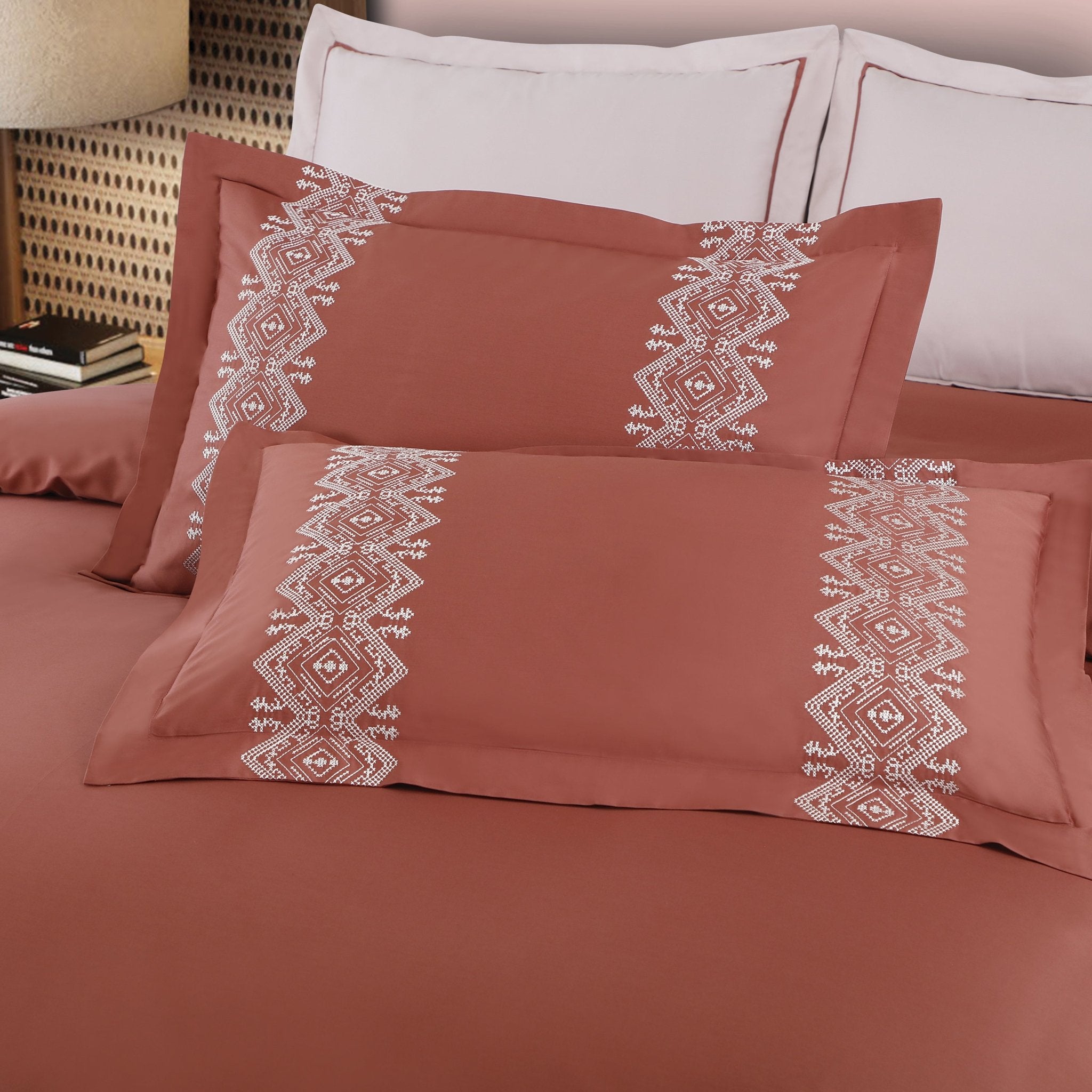 Malako Luxe Collection: 550 TC Cedar & Almond Beige Premium Embroidered Bedding - MALAKO