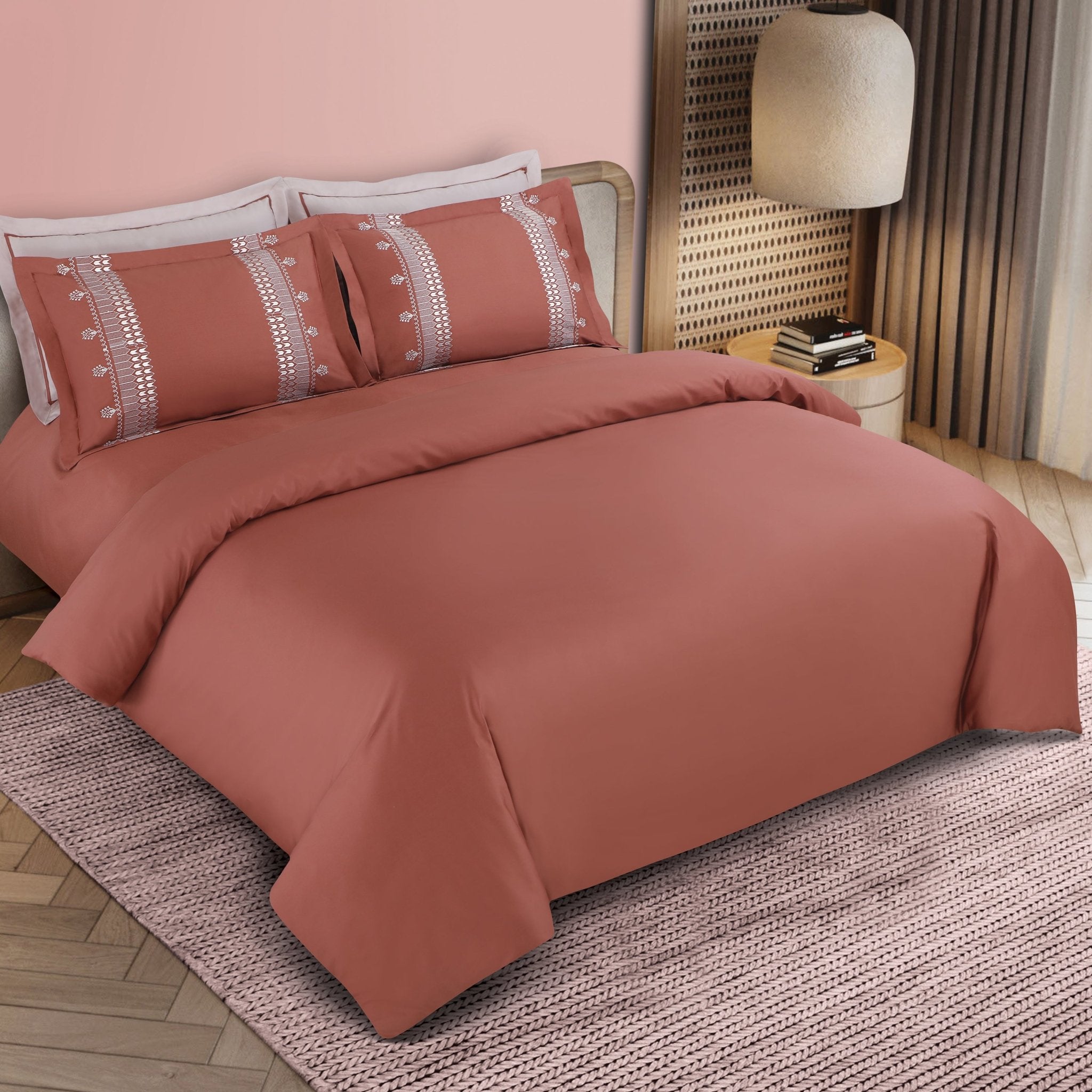 Malako Luxe Collection: 550 TC Cedar & Almond Beige Premium Embroidered Bedding - MALAKO