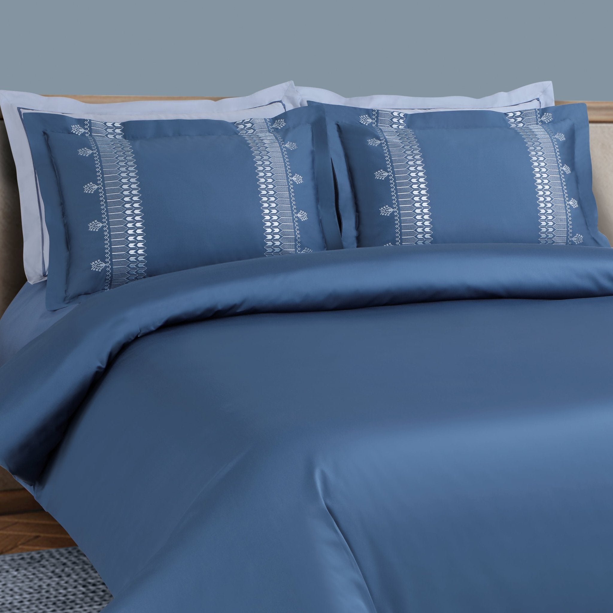 Malako Luxe Collection: 550 TC Legion Blue Premium Embroidered Bedding - MALAKO