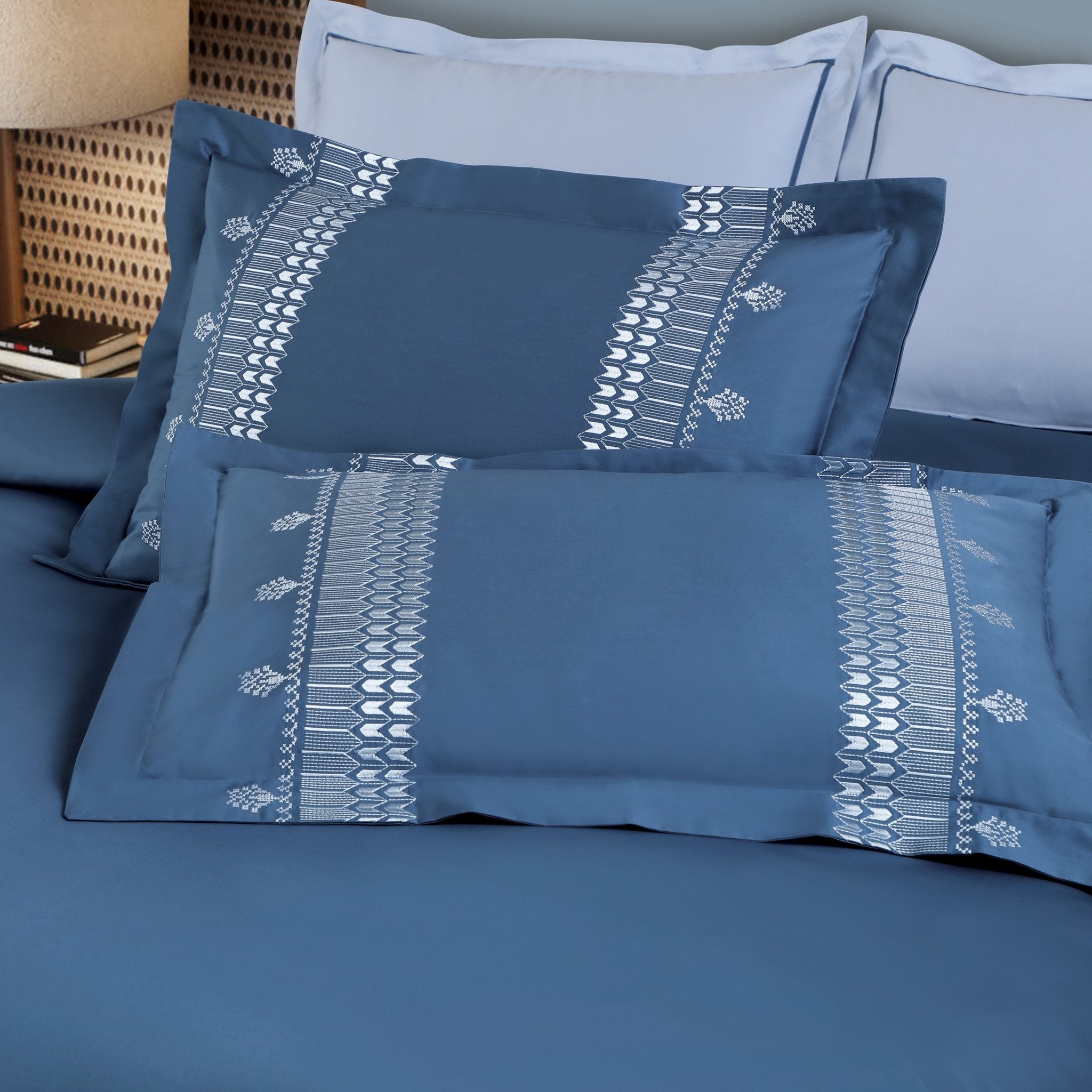 Malako Luxe Collection: 550 TC Legion Blue Premium Embroidered Bedding - MALAKO