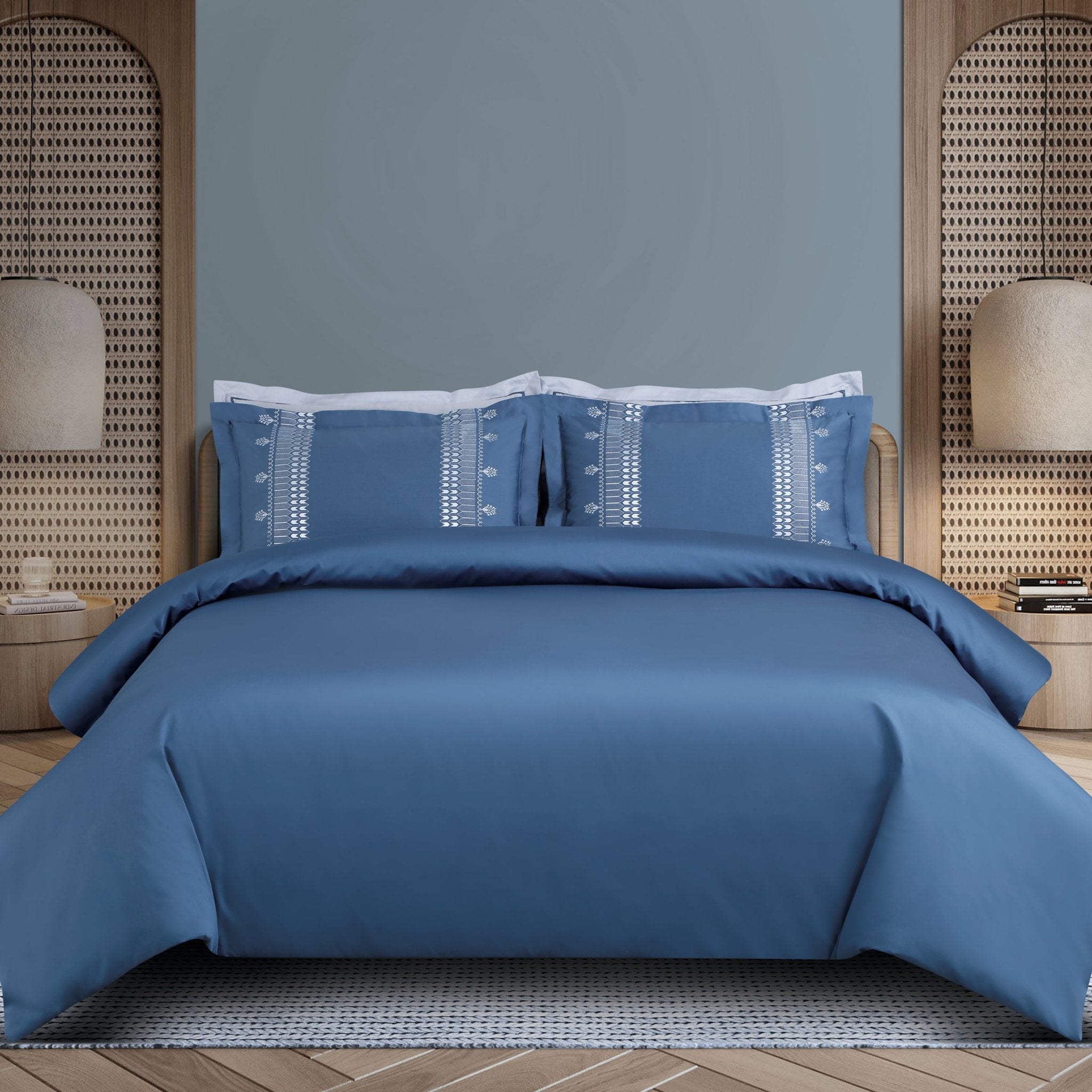 Malako Luxe Collection: 550 TC Legion Blue Premium Embroidered Bedding - MALAKO