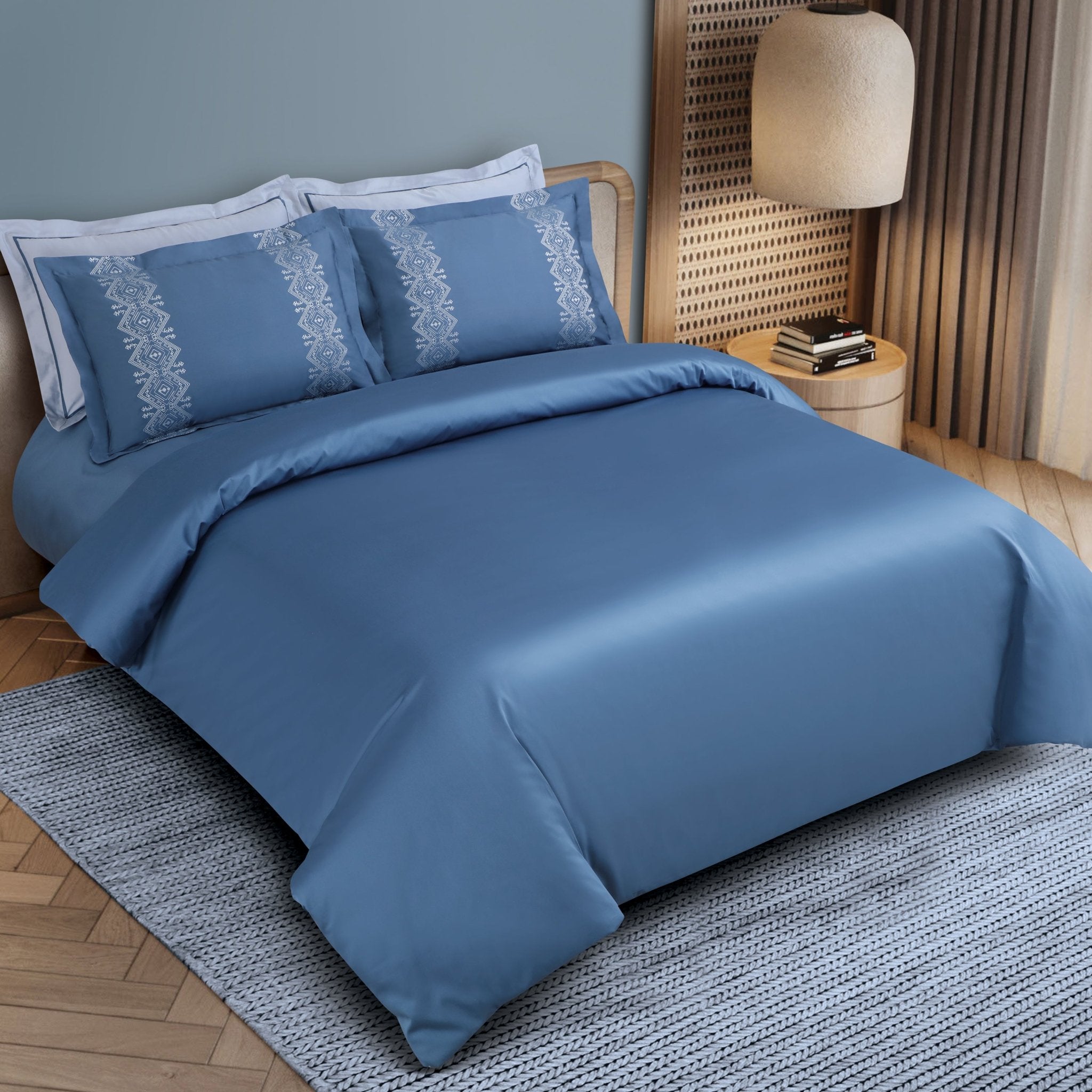 Malako Luxe Collection: 550 TC Legion Blue Premium Embroidered Bedding - MALAKO