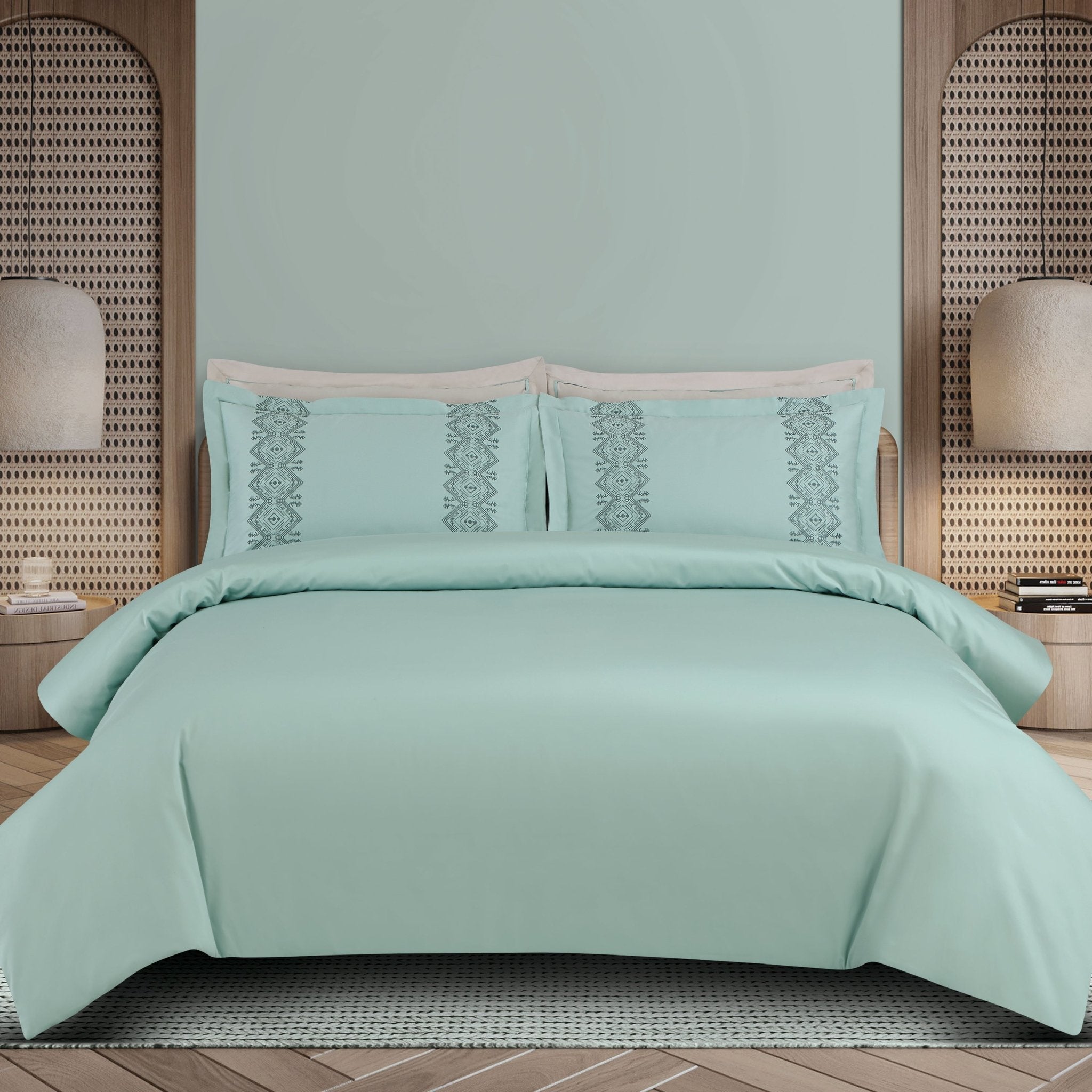 Malako Luxe Collection: 550 TC Mint Green Premium Embroidered Bedding - MALAKO