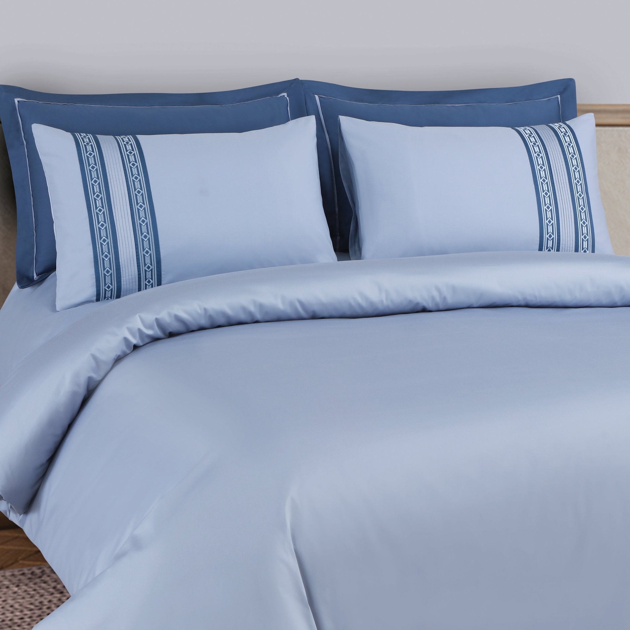 Malako Luxe Collection: 550 TC Pigeon Blue Premium Embroidered Bedding - MALAKO