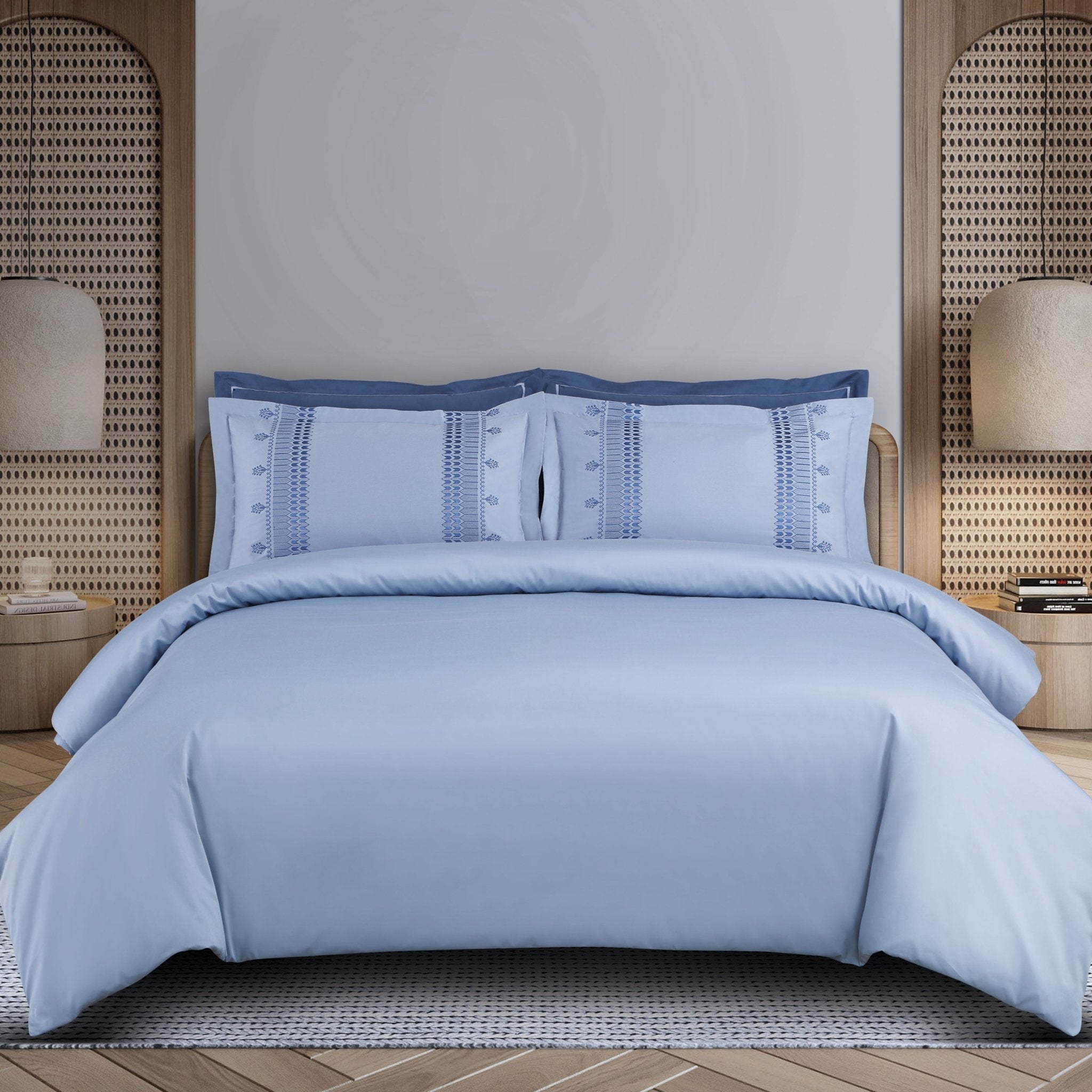 Malako Luxe Collection: 550 TC Pigeon Blue Premium Embroidered Bedding - MALAKO