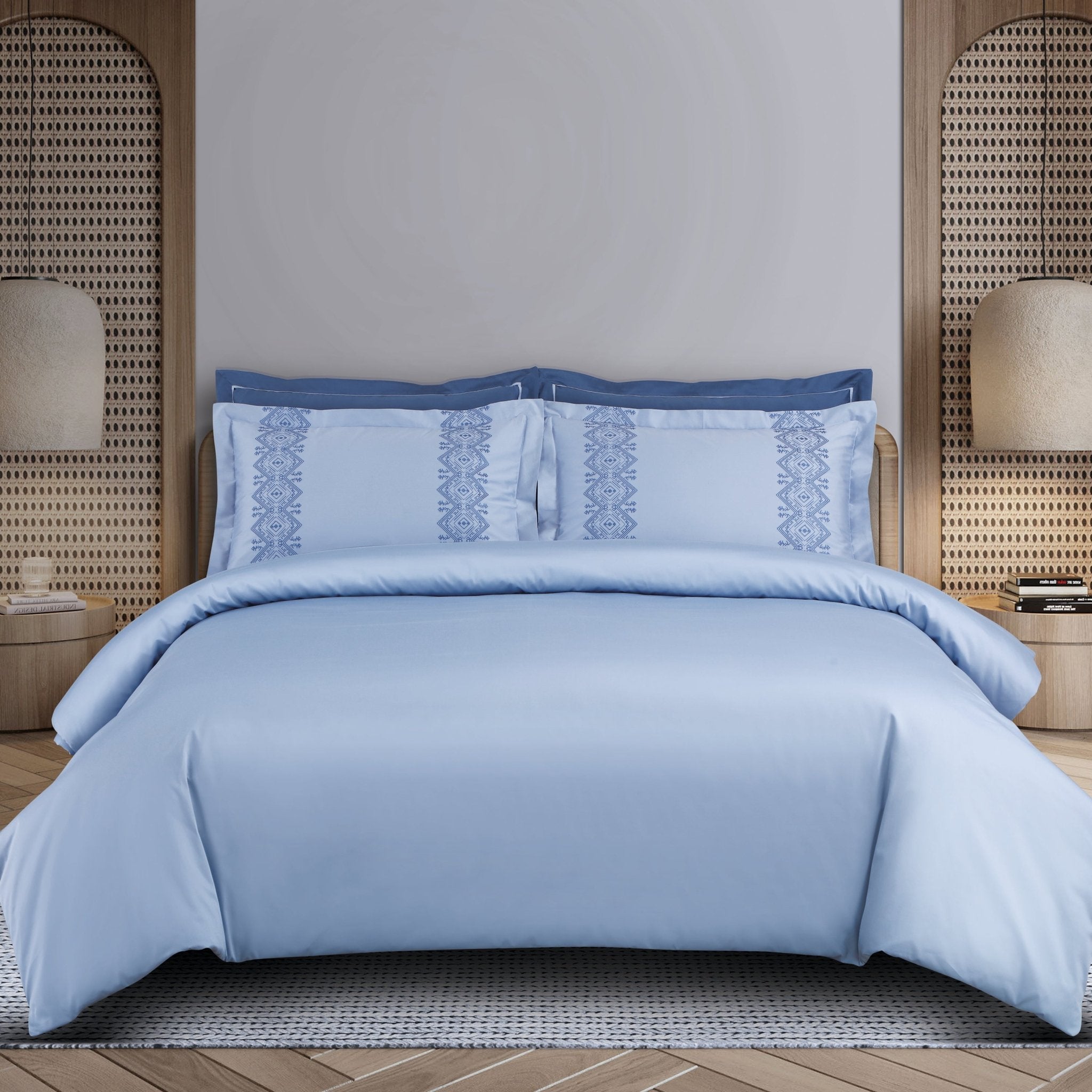 Malako Luxe Collection: 550 TC Pigeon Blue Premium Embroidered Bedding - MALAKO