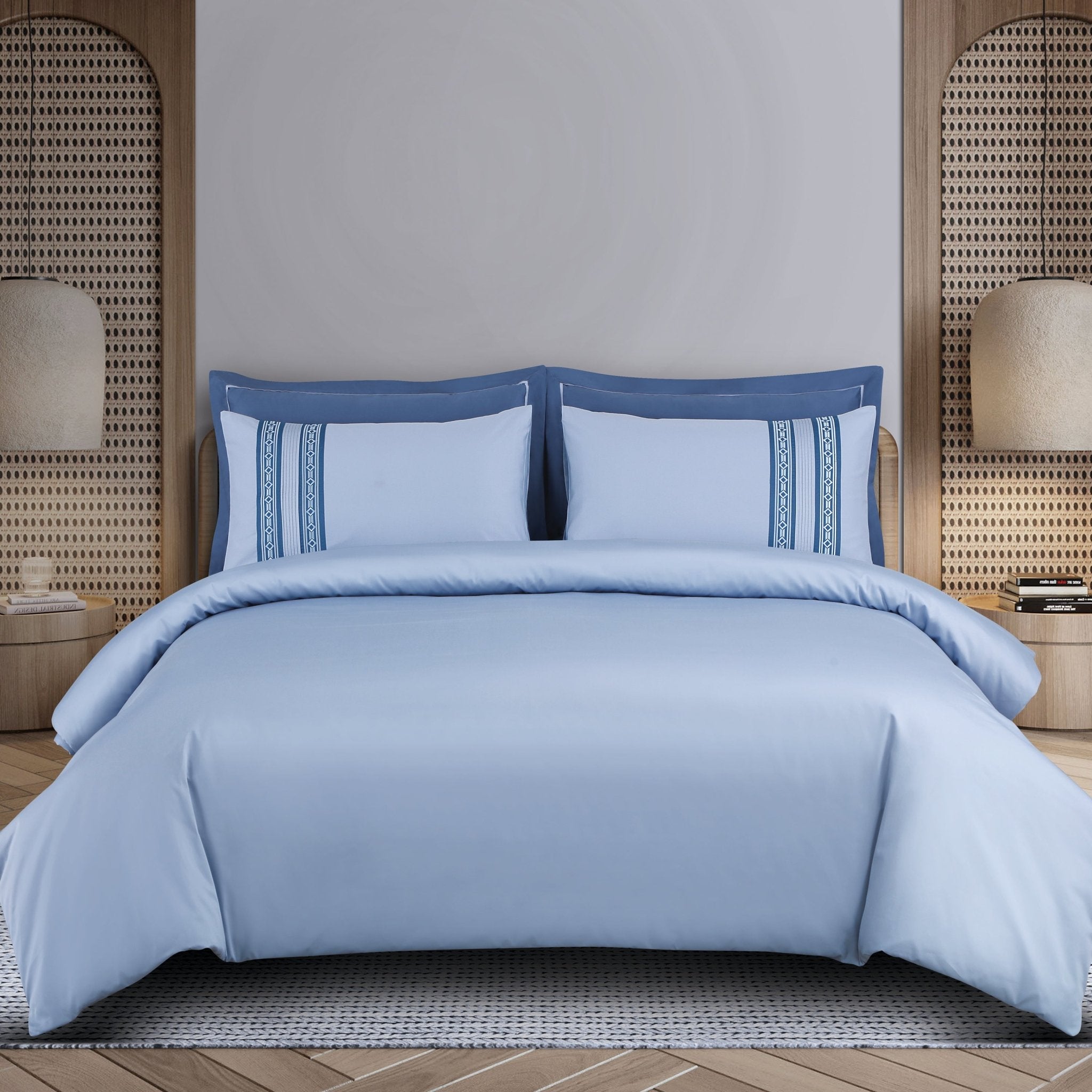 Malako Luxe Collection: 550 TC Pigeon Blue Premium Embroidered Bedding - MALAKO