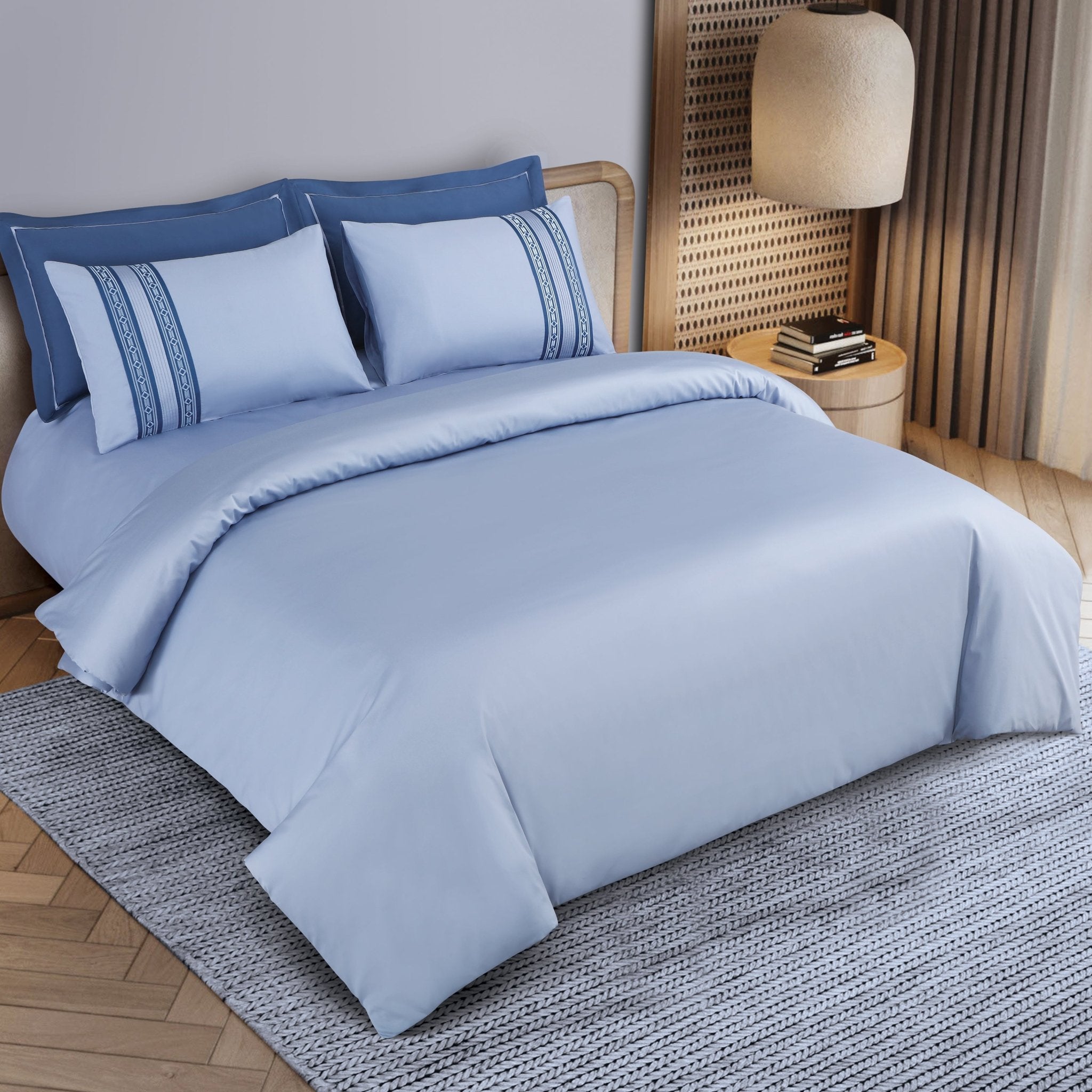 Malako Luxe Collection: 550 TC Pigeon Blue Premium Embroidered Bedding - MALAKO