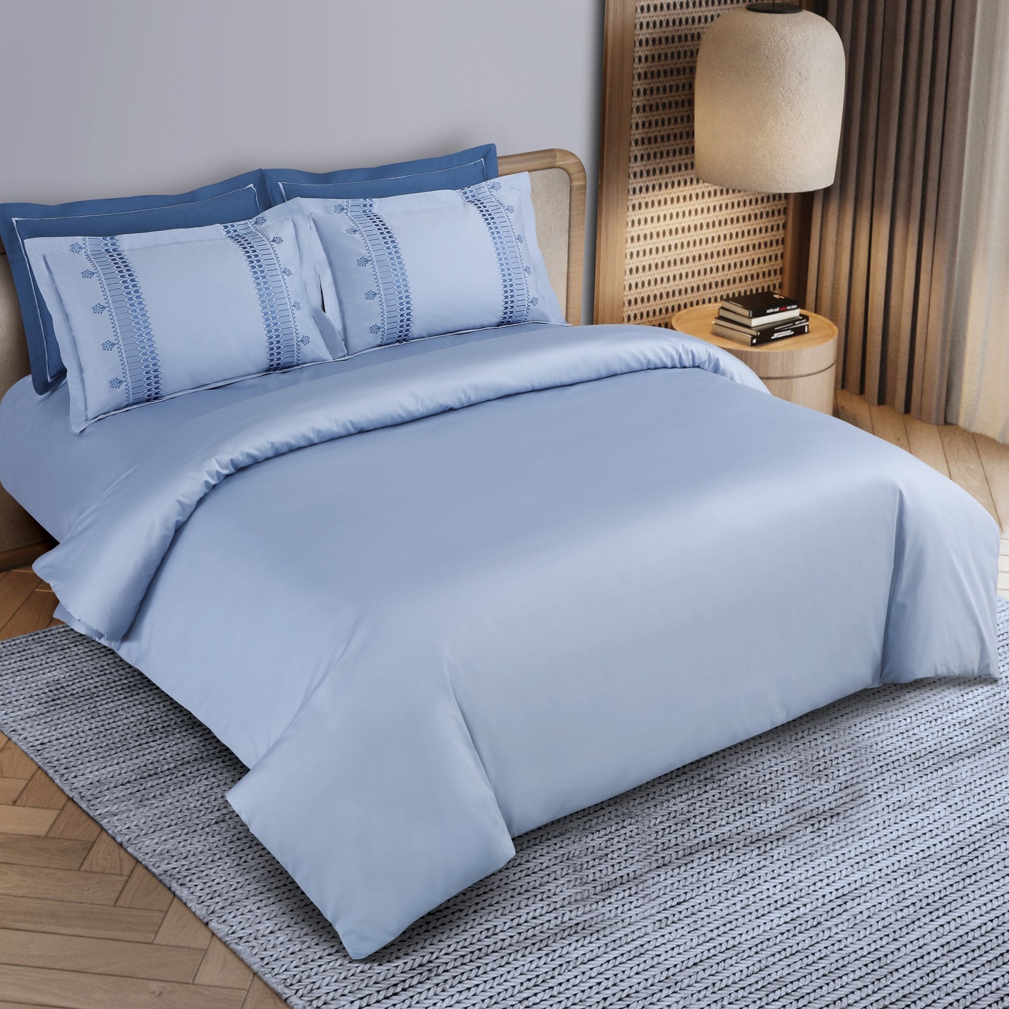 Malako Luxe Collection: 550 TC Pigeon Blue Premium Embroidered Bedding - MALAKO