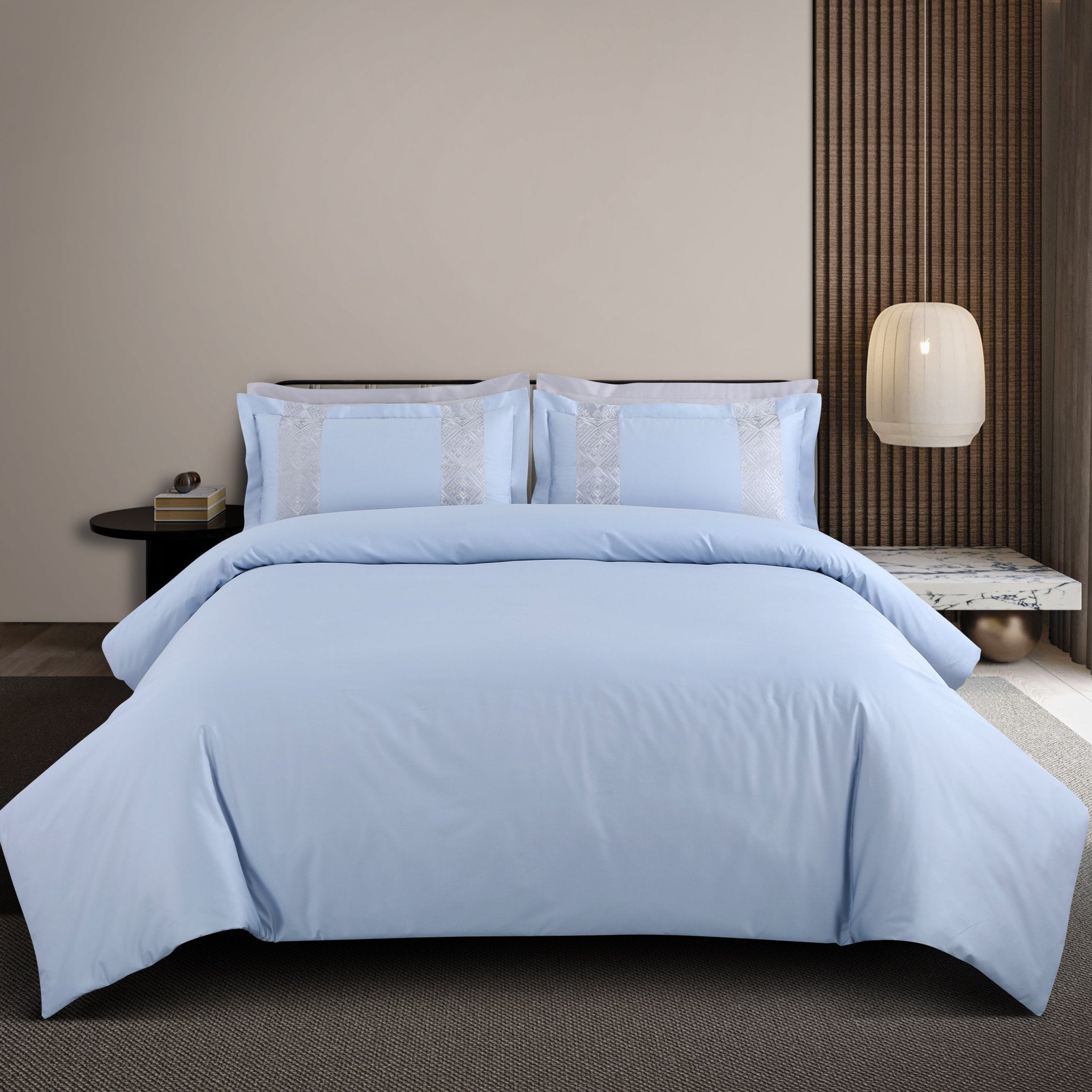 Malako Luxe Stitch & Dream: 550 TC Blue & Silver Premium Embroidered Bedding - MALAKO