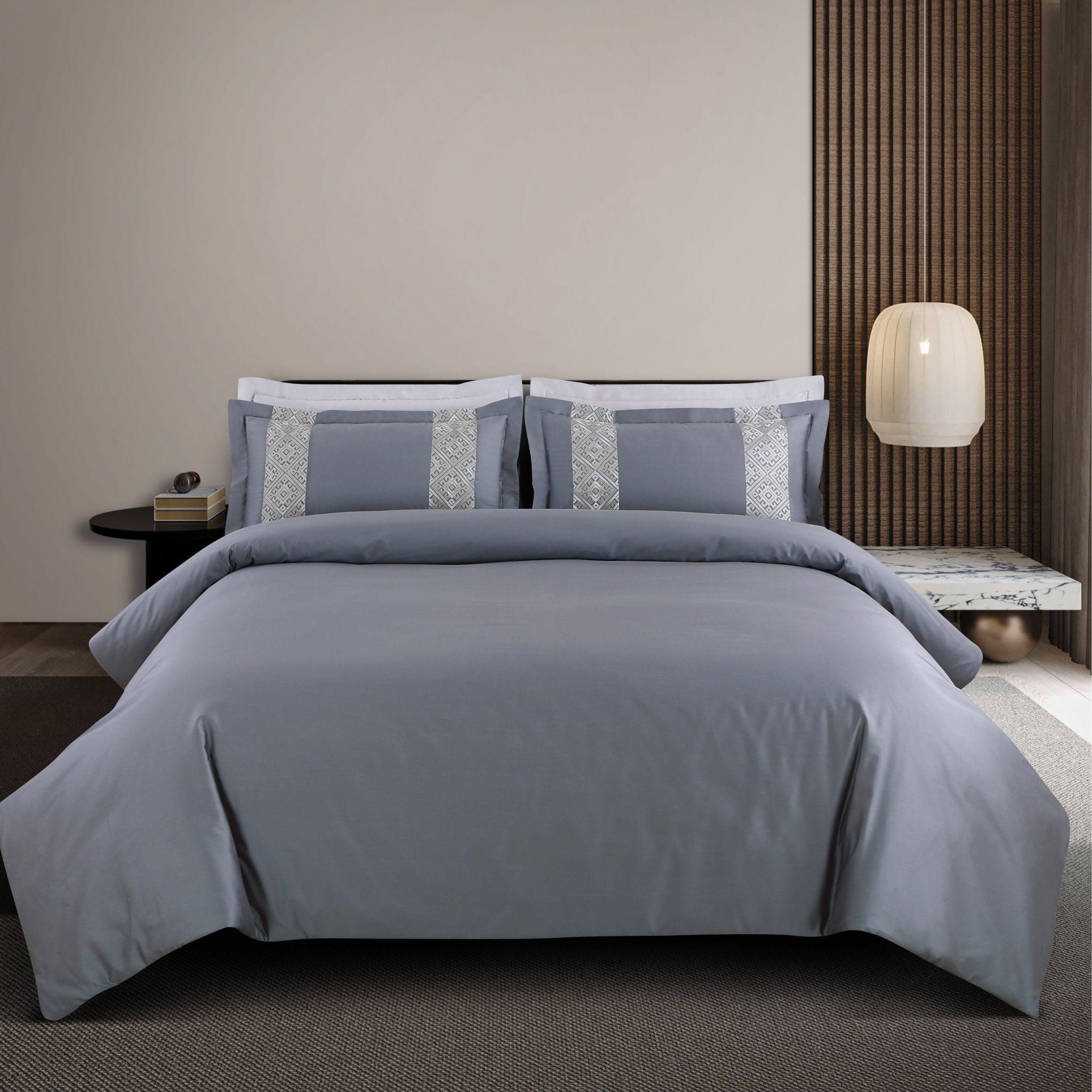 Malako Luxe Stitch & Dream: 550 TC Grey & Silver Premium Embroidered Bedding - MALAKO