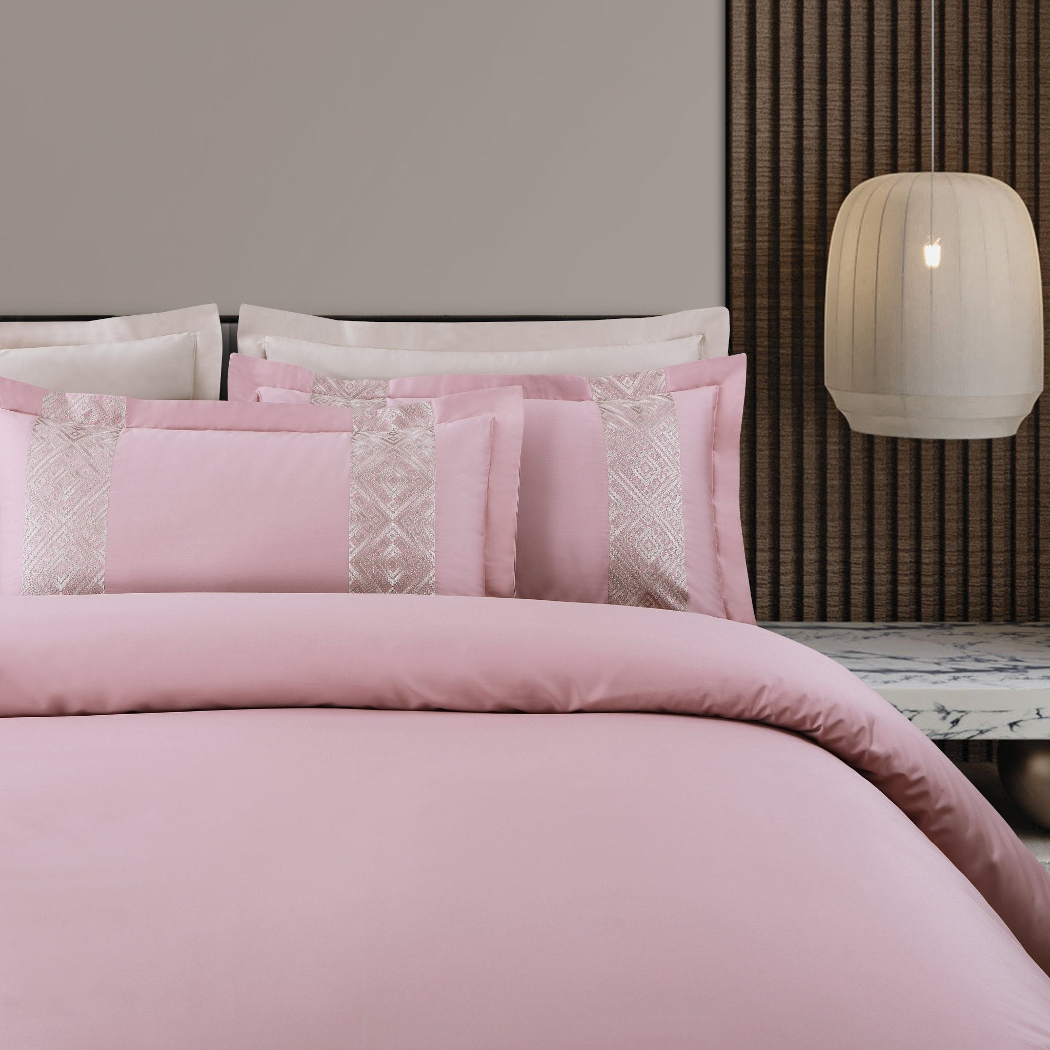 Malako Luxe Stitch & Dream: 550 TC Pink & Beige Premium Embroidered Bedding - MALAKO