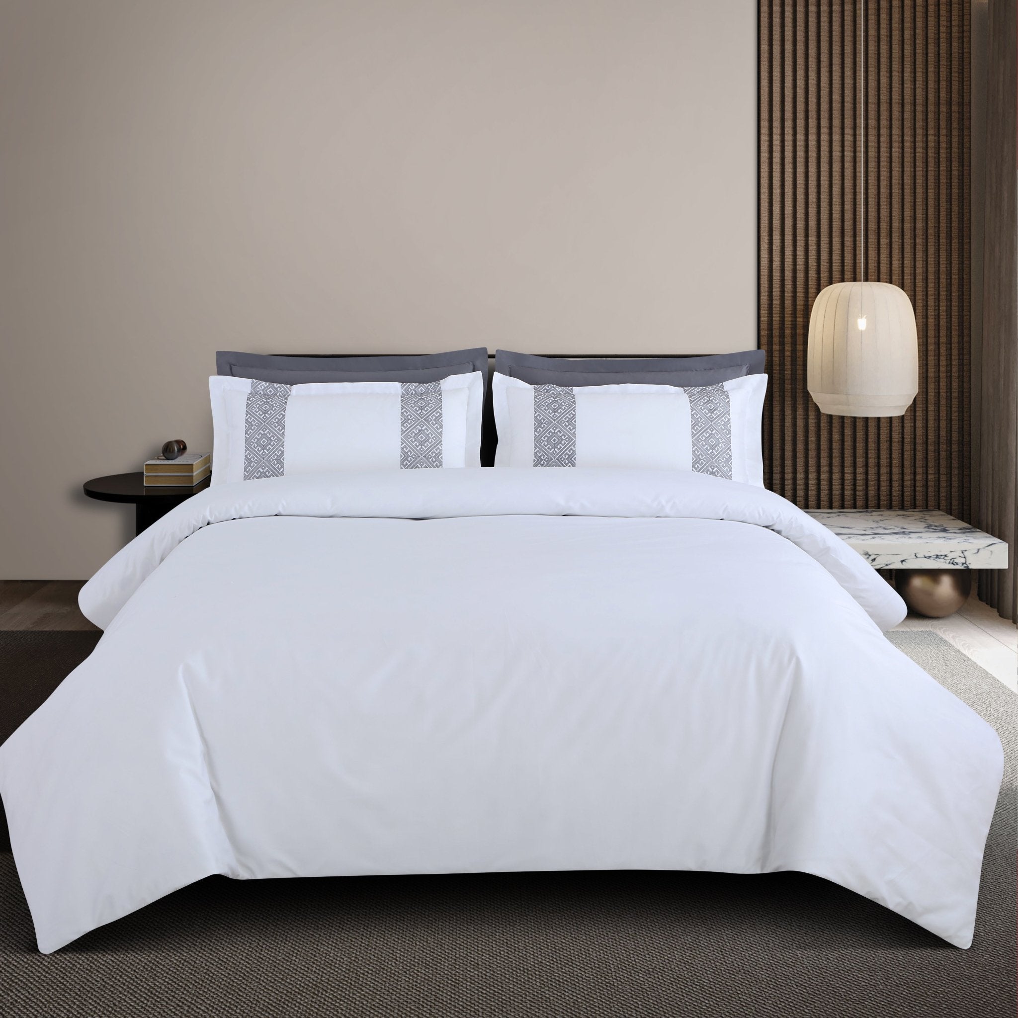 Malako Luxe Stitch & Dream: 550 TC White & Grey Premium Embroidered Bedding - MALAKO