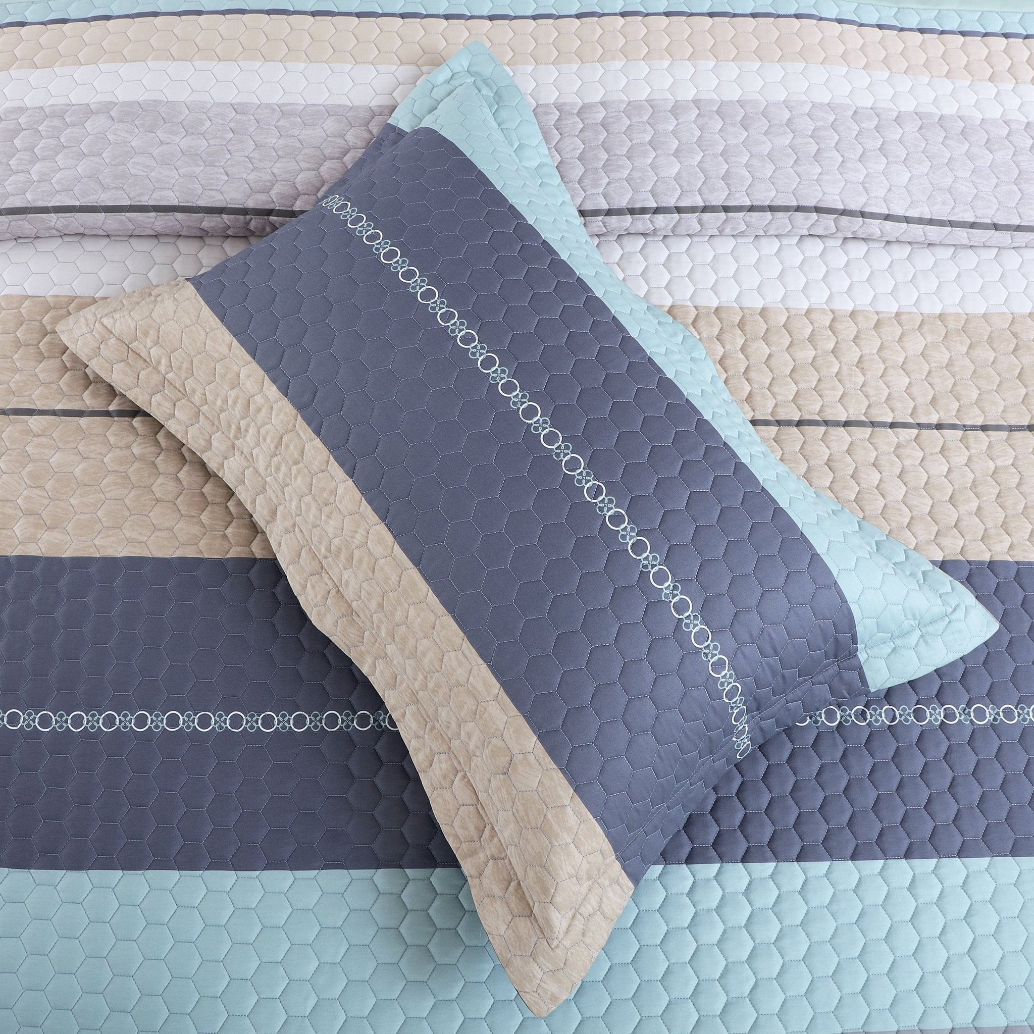 Malako Royale 100% Cotton Blue and Beige Striped King Size 5 Piece Quilted Bedspread Set - MALAKO