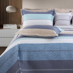 Malako Royale 100% Cotton Blue and Beige Striped King Size 5 Piece Quilted Bedspread Set - MALAKO