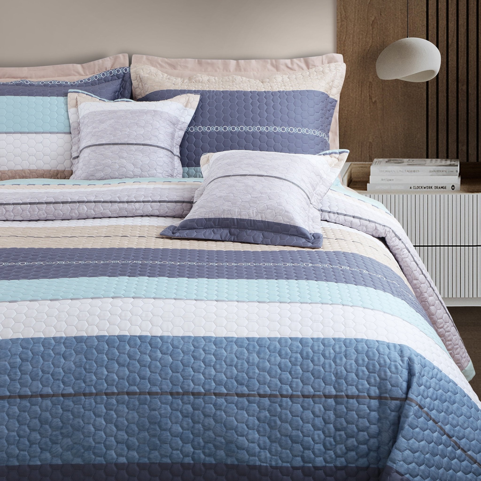 Malako Royale 100% Cotton Blue and Beige Striped King Size 5 Piece Quilted Bedspread Set - MALAKO