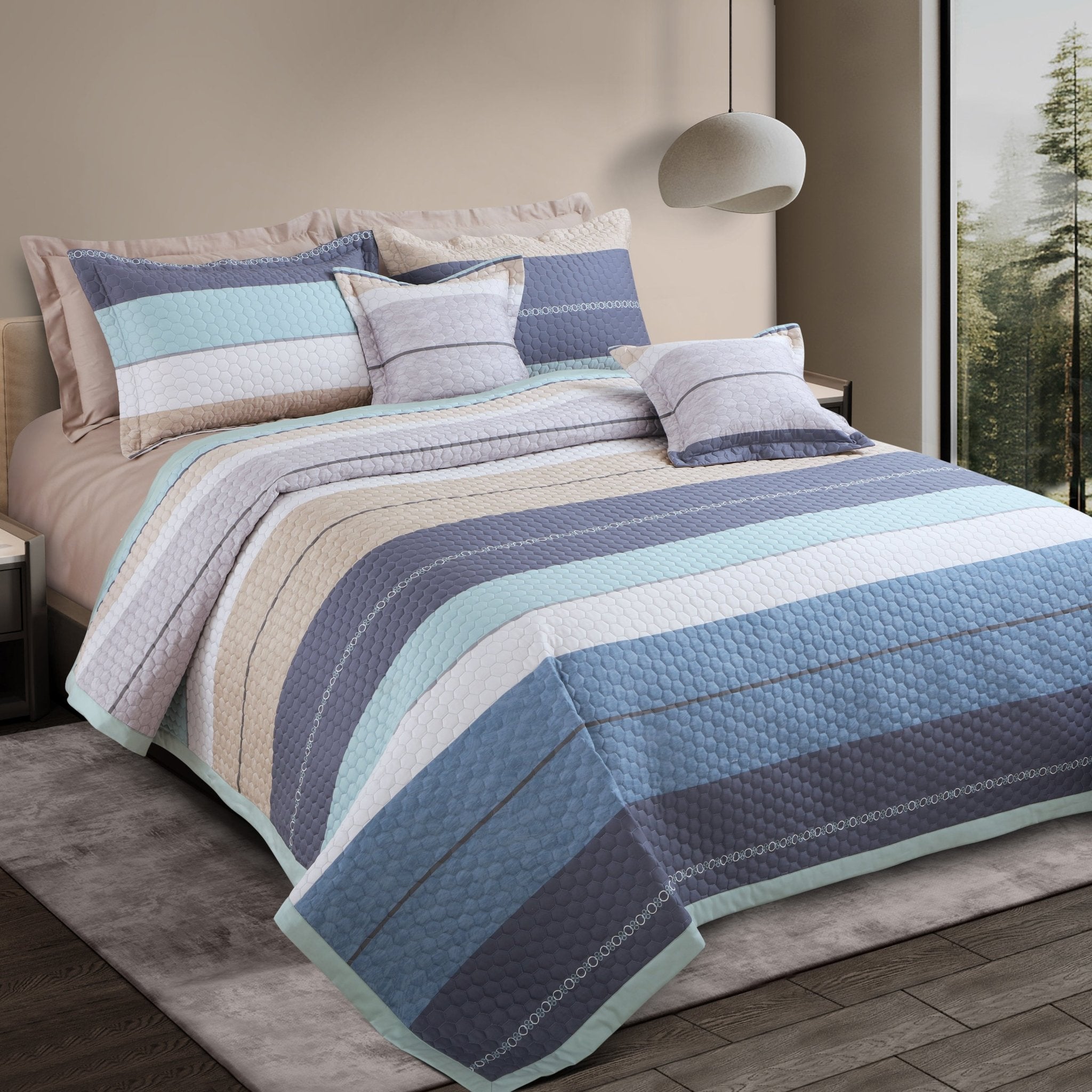 Malako Royale 100% Cotton Blue and Beige Striped King Size 5 Piece Quilted Bedspread Set - MALAKO