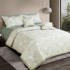 Malako Royale 100% Cotton Olive Beige Floral King Size 5 Piece Quilted Bedspread Set - MALAKO