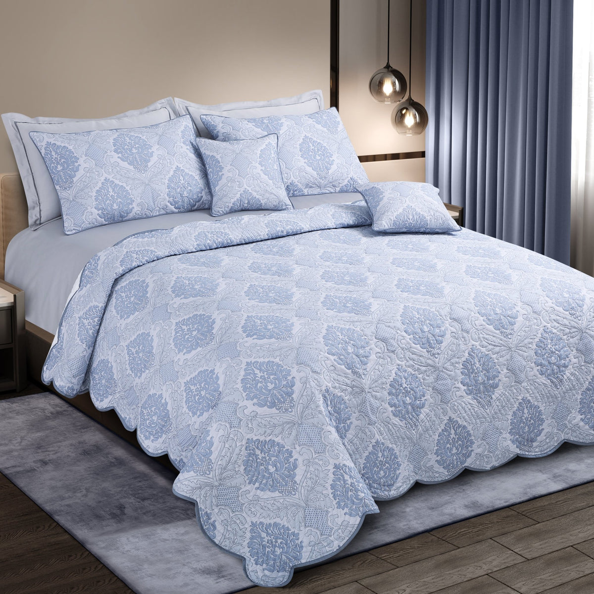 Malako Royale 100% Cotton Silver & Blue Ethnic King Size Quilted Bedspread Set - MALAKO