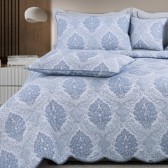 Malako Royale 100% Cotton Silver & Blue Ethnic King Size Quilted Bedspread Set - MALAKO