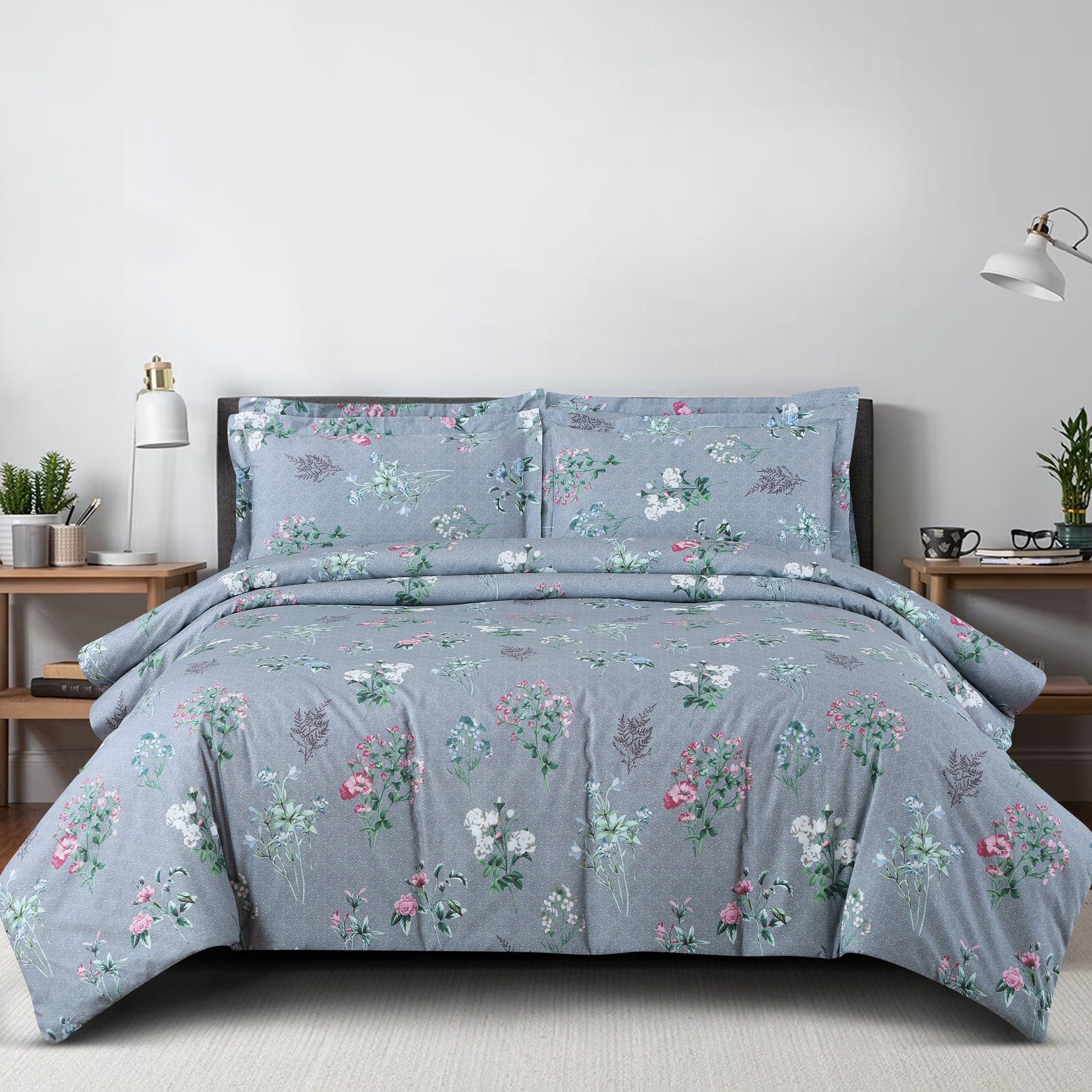 Malako Royale XL Blue/Grey Floral 100% Cotton King Size Bedding - MALAKO