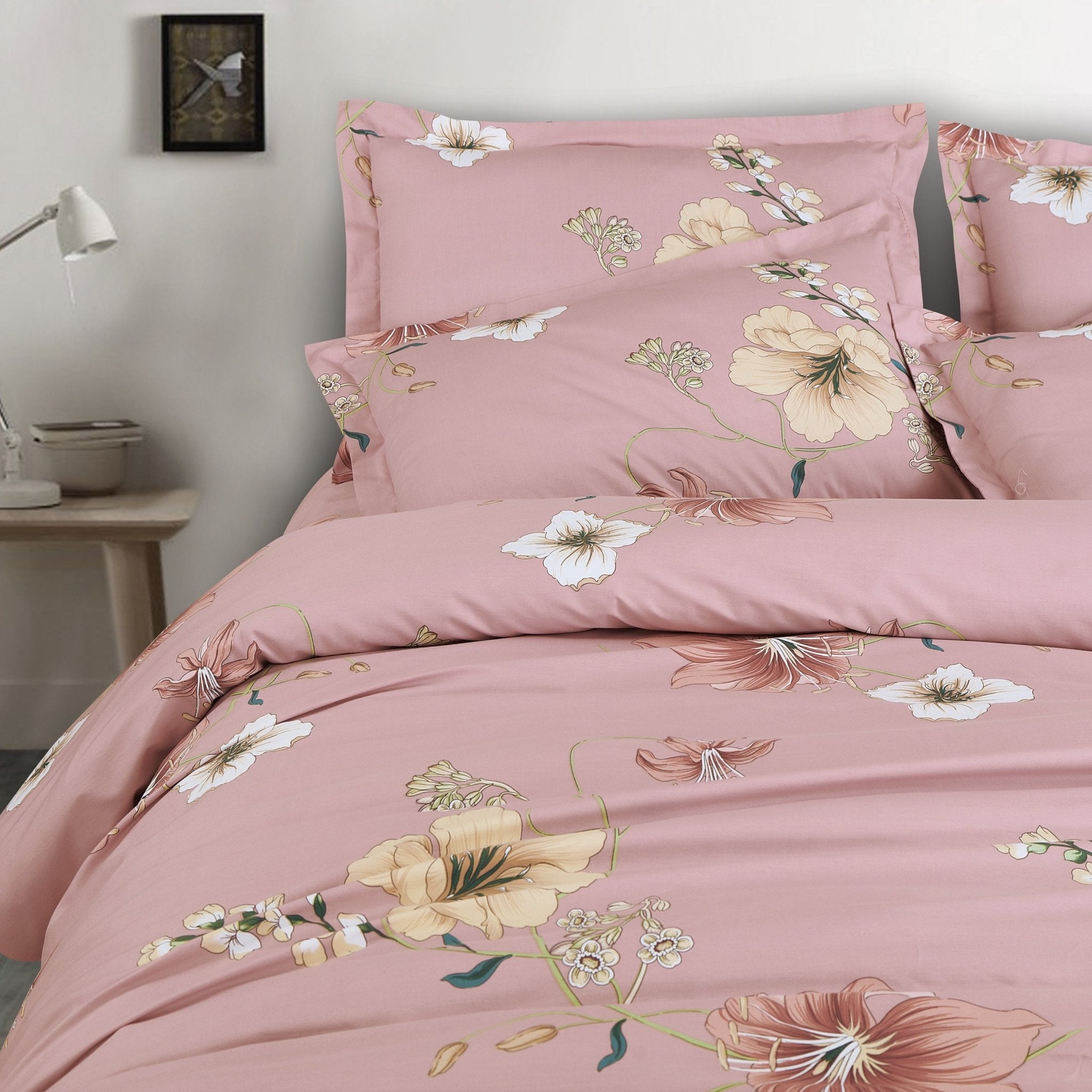 Malako Sion 500TC Egyptian Cotton Baby Pink Botanic King Size Bedding Set - MALAKO