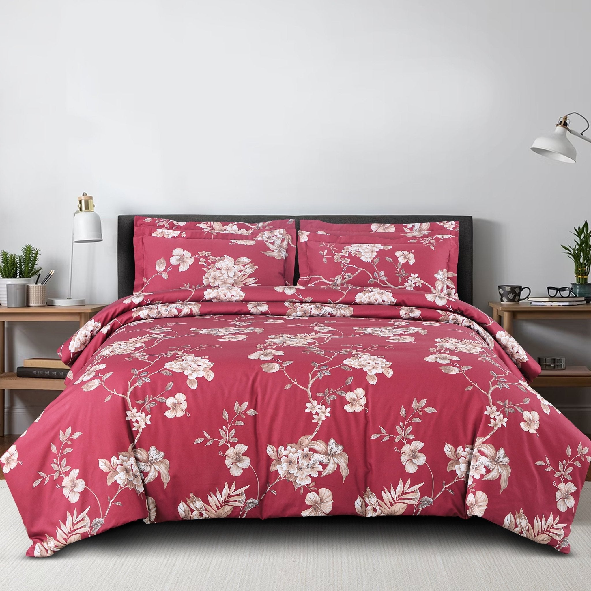 Malako Sion 500TC Egyptian Cotton Red Botanic King Size Bedding Set - MALAKO