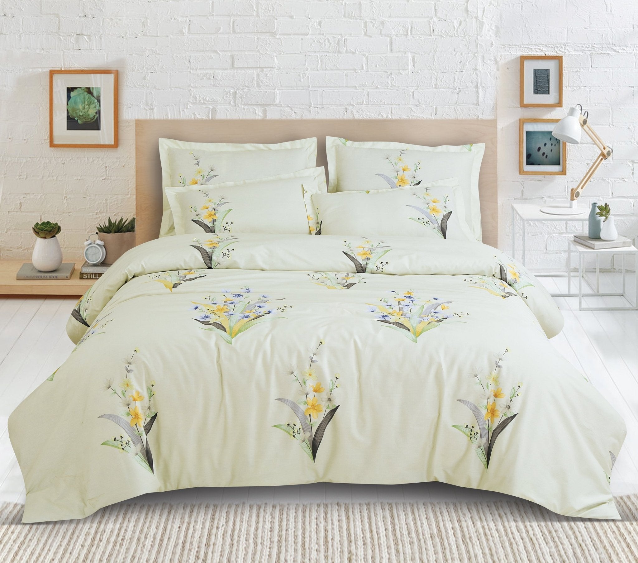 Malako Sion 500TC Egyptian Cotton Tea Green Botanic King Size Bedding Set - MALAKO