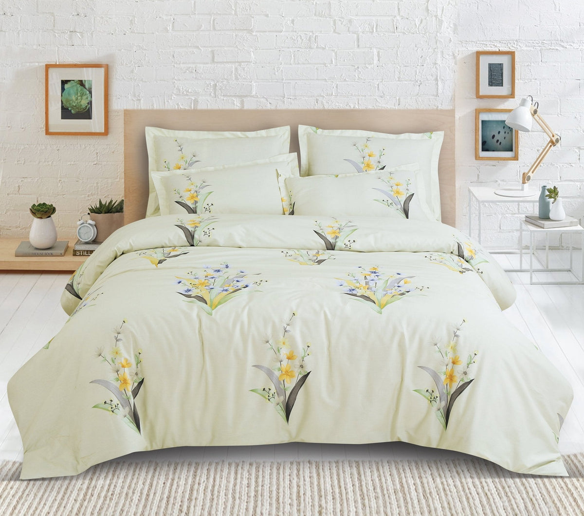 Malako Sion 500TC Egyptian Cotton Tea Green Botanic King Size Bedding Set - MALAKO