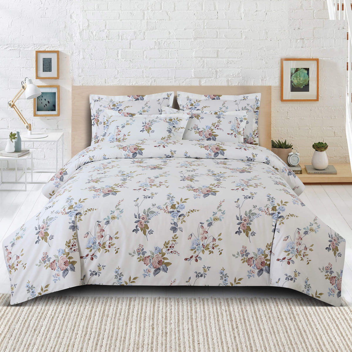 Malako Sion 500TC Egyptian Cotton White Floral King Size Bedding Set - MALAKO