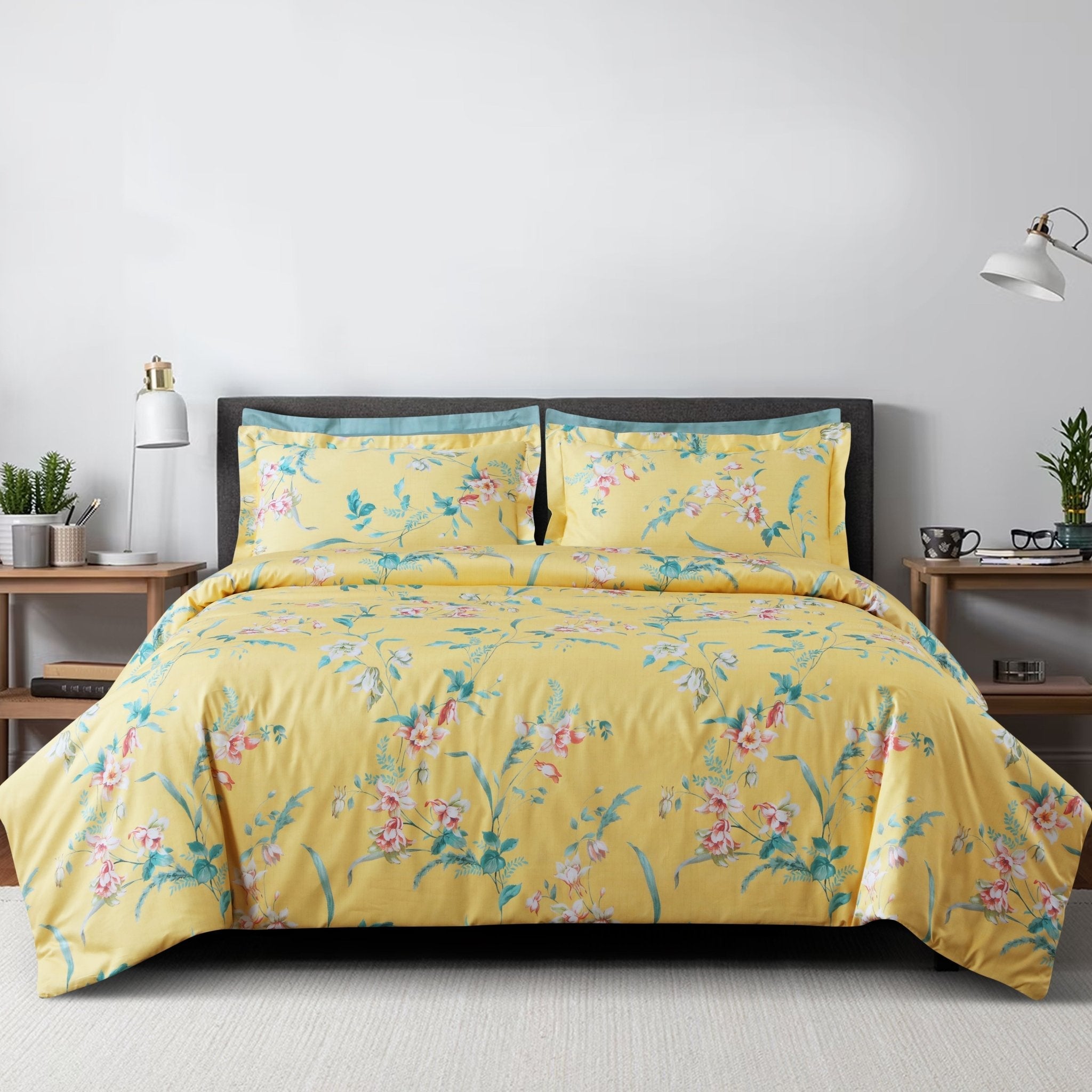 Malako Sion 500TC Egyptian Cotton Yellow Floral King Size Bedding Set - MALAKO