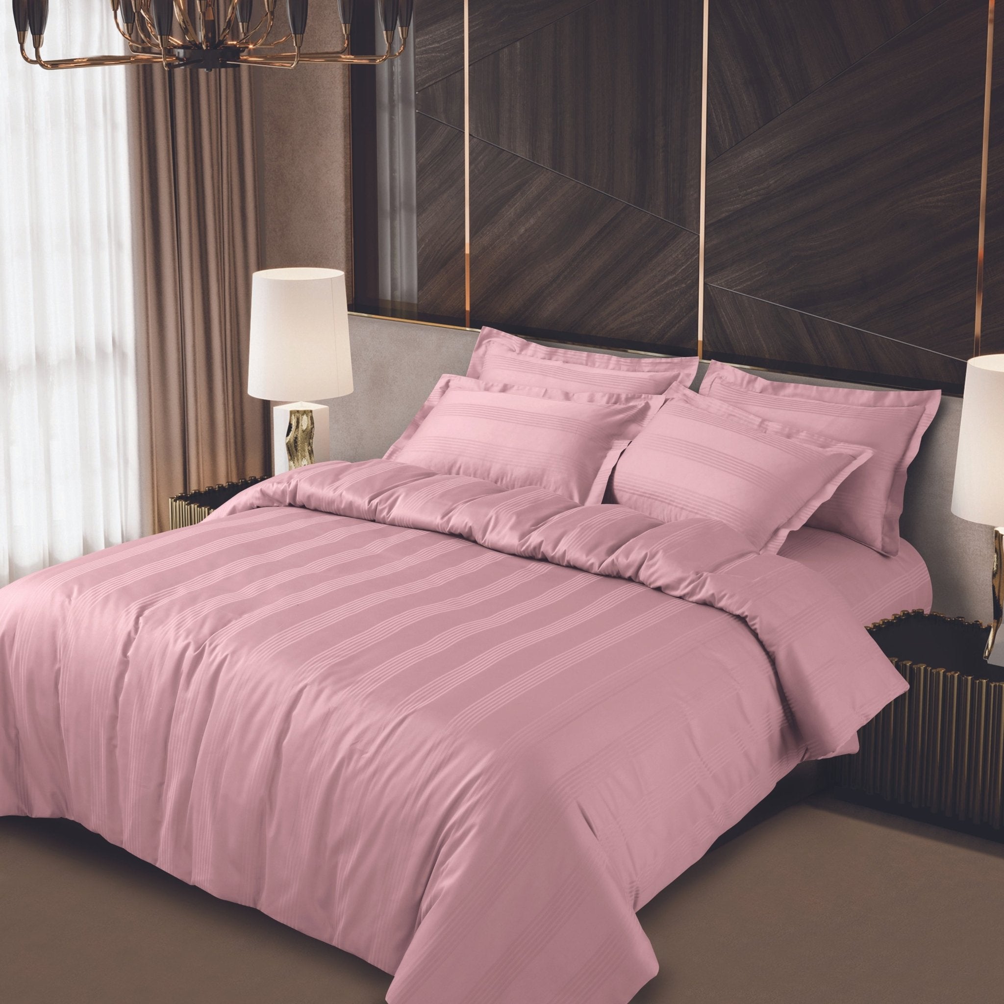 Malako Turin Jacquard Blush Pink Stripes 500 TC 100% Cotton King Size Bedding Set - MALAKO