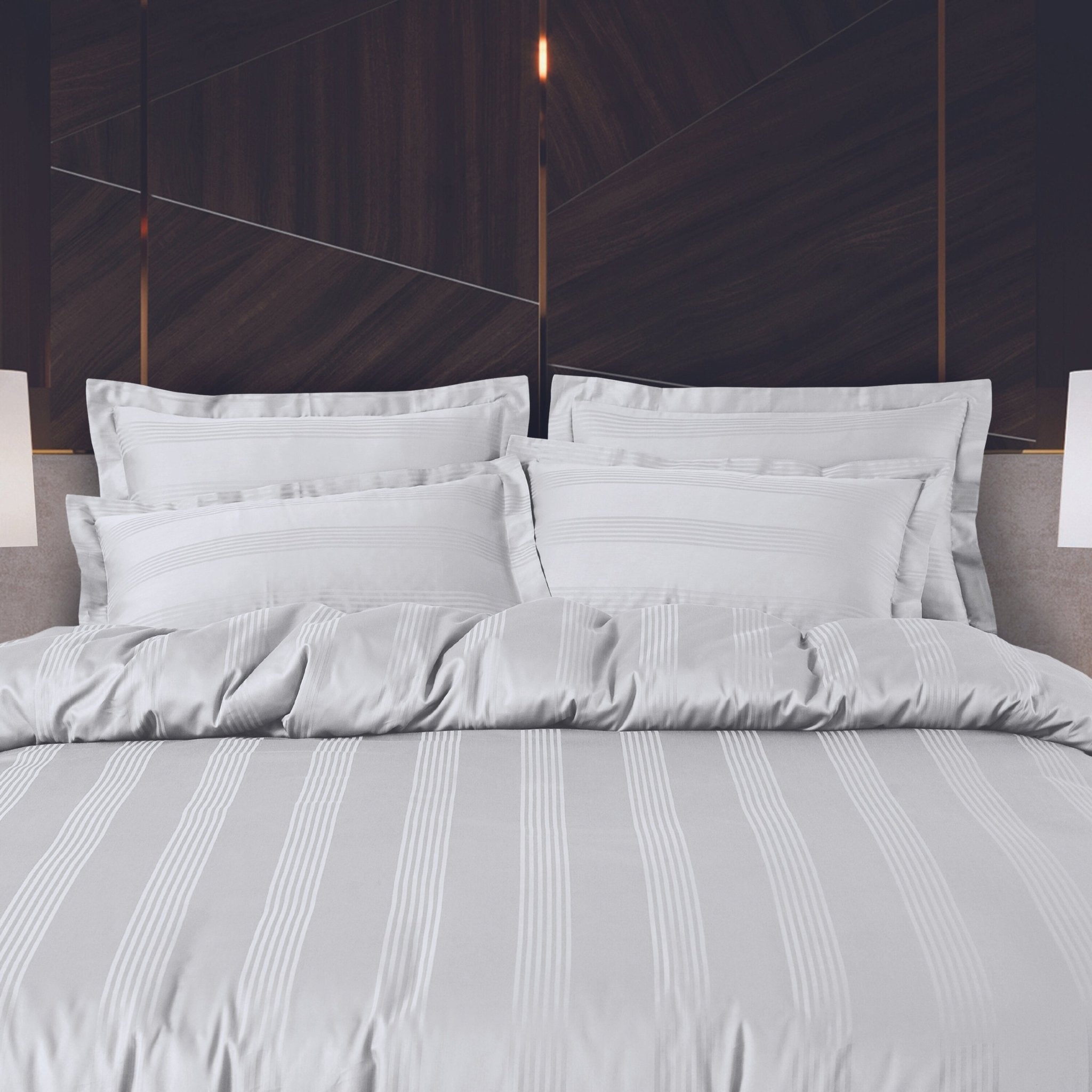 Malako Turin Jacquard Silver Grey Stripes 500TC 100% Cotton King Size Bed Sheet with 2 Pillow Covers - MALAKO