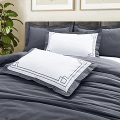 Malako Grace Embroidery Charcoal Grey Solid King Size 100% Cotton Bedsheet With 4 Pillow Covers - MALAKO