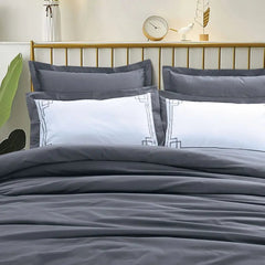 Malako Grace Embroidery Charcoal Grey Solid King Size 100% Cotton Bedsheet With 4 Pillow Covers - MALAKO