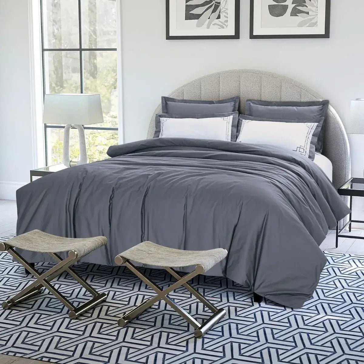 Malako Grace Embroidery Charcoal Grey Solid King Size 100% Cotton Bedsheet With 4 Pillow Covers - MALAKO