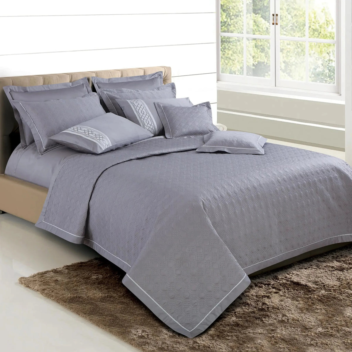 Malako Kairo 500 TC Grey Solid King Size 100% Cotton Quilted Bed Cover/Embroidered Bed Sheet Set - MALAKO